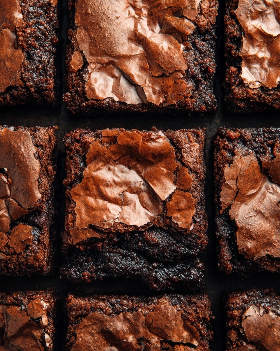 A close-up image of nine square brownies with a shiny, cracked top layer in rich dark brown color, showing a slightly rough and textured surface. The brownies are cut in equal portions, each piece showing the dense, moist interior beneath the thin crispy crust. The edges and cracks reveal shades of deep chocolate, giving a sense of gooeyness inside. The image focuses only on the brownies themselves, emphasizing their rich, fudgy texture with no plate or background visible, just a flat layout. photo taken with an iphone --ar 4:5 --v 7