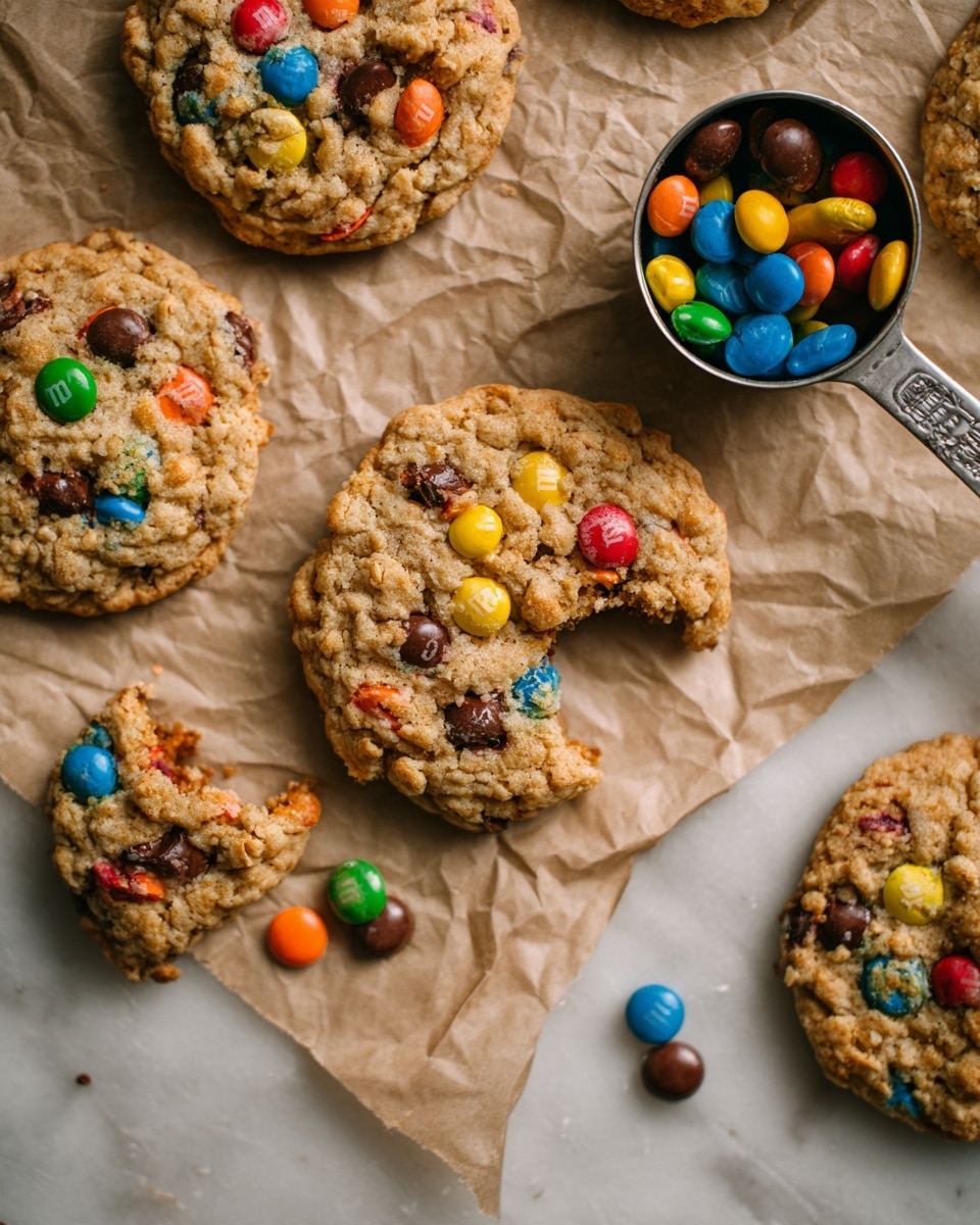 The image shows several round oatmeal cookies studded with colorful candy-coated chocolates and dark chocolate chips, each cookie having a light brown, slightly crumbly texture with visible oats on top. One cookie in the center has a bite taken out of it, revealing its soft and chewy interior, with scattered pieces of chocolate and candy nearby. To the right side, there is a small metal scoop filled with similar colorful candies and chocolate chips. The cookies rest on crumpled brown parchment paper, which is placed on a white marbled surface. photo taken with an iphone --ar 4:5 --v 7