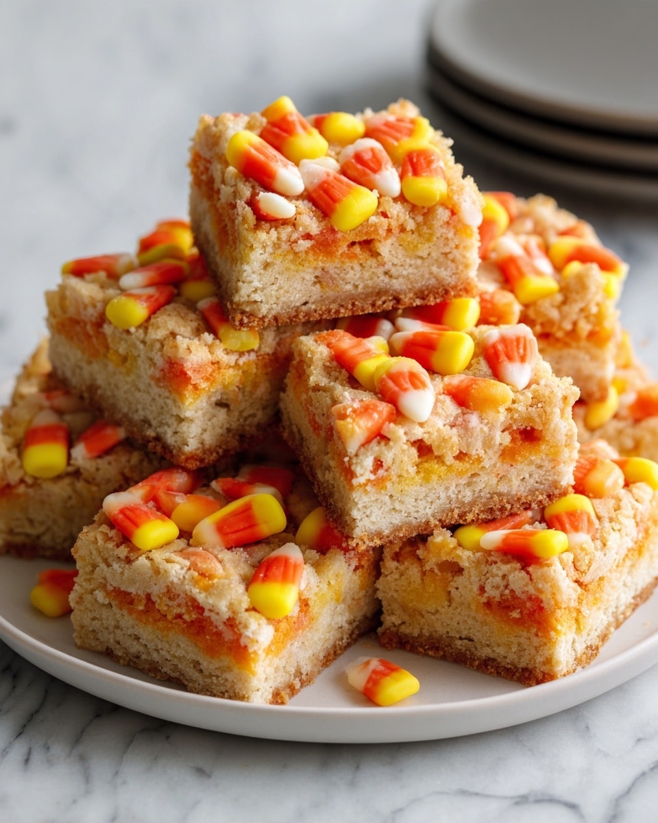 The image shows a stack of square cookie bars on a white round plate. Each cookie bar has a light brown, slightly rough textured base with visible small cracks on the surface. The top layer is decorated with bright orange, yellow, and white candy corn pieces scattered unevenly across the cookies. The plate sits on a white marbled surface with a small part of a dark gray plate barely visible in the top right corner. photo taken with an iphone --ar 4:5 --v 7