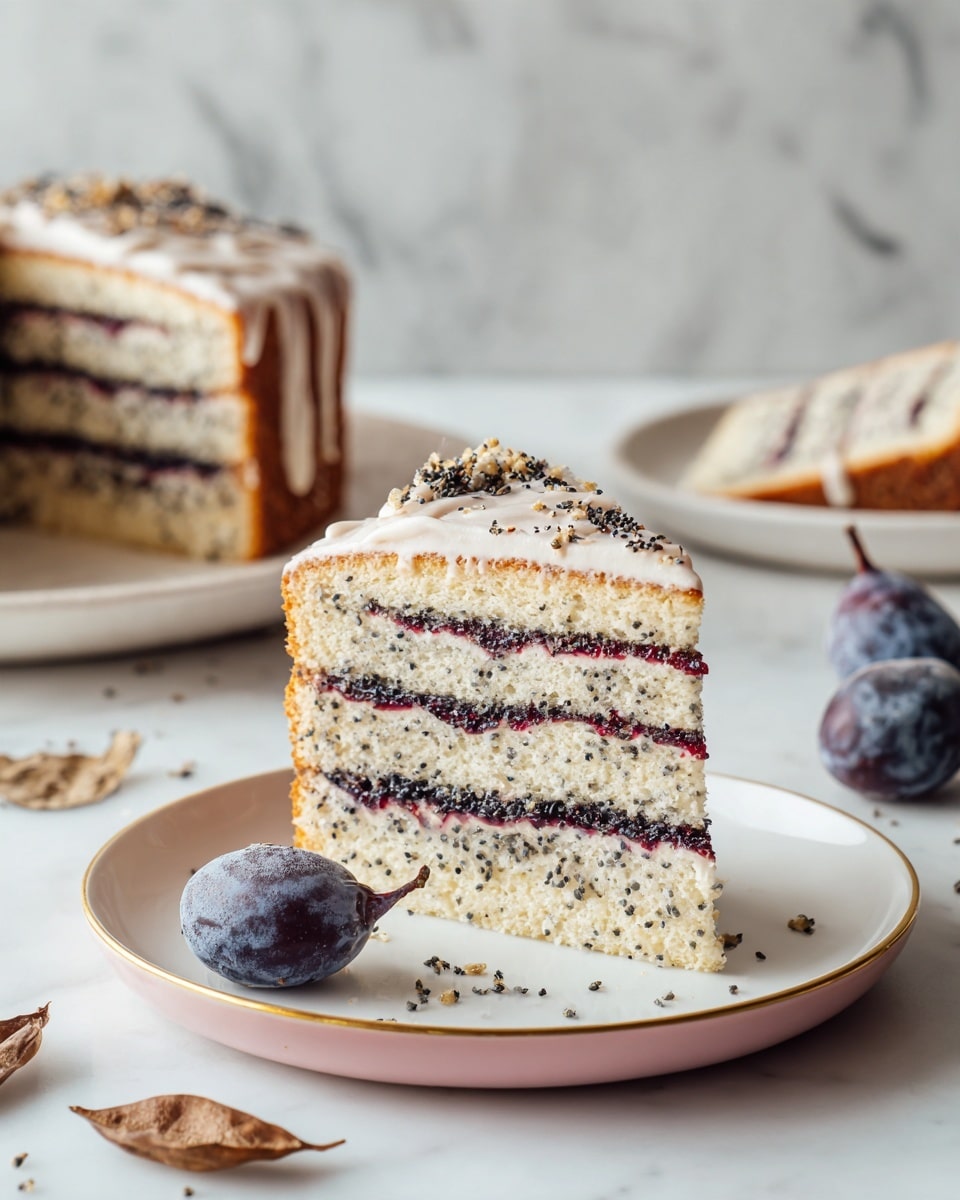 The image shows two thick slices of poppy seed and fruit swirl cake on a white plate with a gold rim. The cake has around five visible layers, alternating between light, fluffy cream-colored cake and dark, dense poppy seed filling with bits of red fruit mixed in. A white icing drizzle covers the top of the cake, creating a shiny texture. In the background, the rest of the pan of cake is visible with some pieces missing, showing the inside layers. To the side, there are close-up shots of dark purple plums, black poppy seeds scattered on a white marbled surface, and dried poppy flower heads. The overall scene is bright and inviting, with a white marbled texture under the plate. photo taken with an iphone --ar 4:5 --v 7