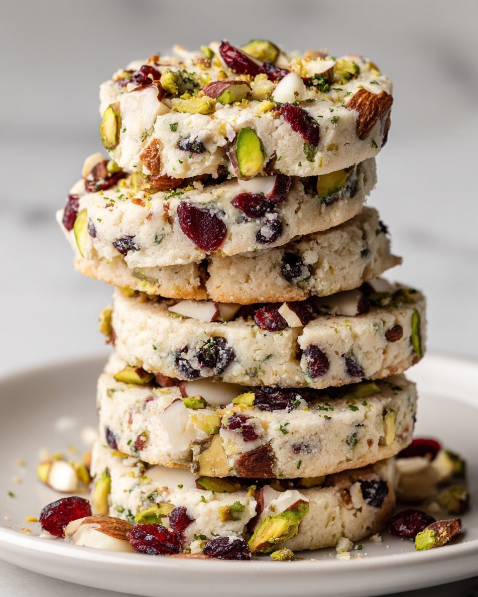A stack of four round scones sits on a white plate, each scone showing a rough, crumbly texture with visible green pistachio pieces, white chunks that look like nuts or coconut, and small bits of red dried fruit scattered throughout. The scones have a golden-brown crust with some areas lighter and fluffy inside. Crumbled white topping, possibly cheese or coconut, is sprinkled on top, adding contrast and extra texture. The plate rests on a white marbled surface. Photo taken with an iphone --ar 4:5 --v 7