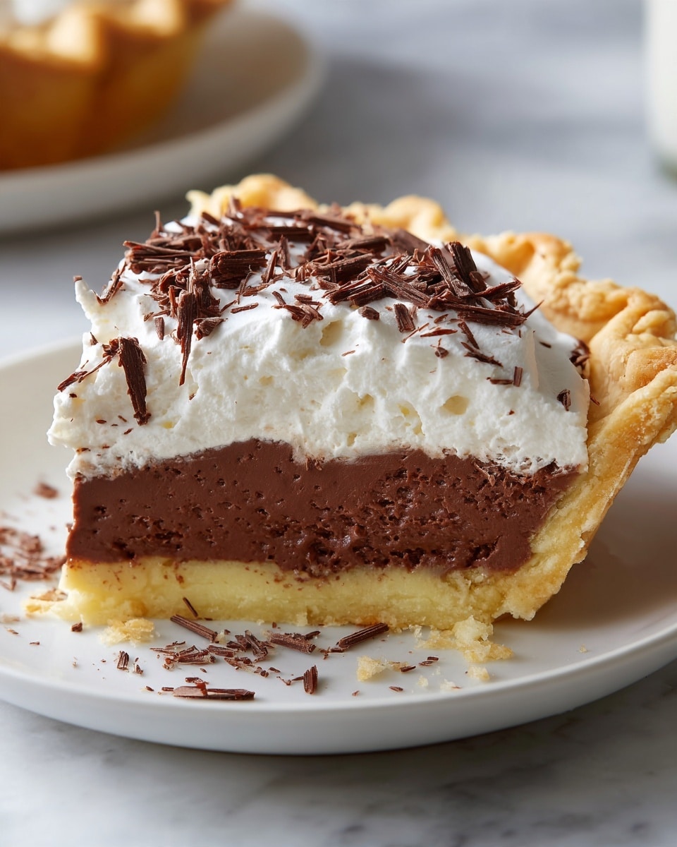 A freshly baked pie with a golden brown crust sits on a white plate. The pie has three visible layers: the bottom layer is a crisp-looking crust, the middle layer is a smooth, dark chocolate filling, and the top layer is a thick, fluffy white whipped cream spread unevenly. Small pieces of chocolate shavings are sprinkled over the whipped cream, adding texture and a touch of dark color. A woman's hand is holding a piece of pie, lifting it slightly. The background is a white marbled texture. Photo taken with an iphone --ar 4:5 --v 7