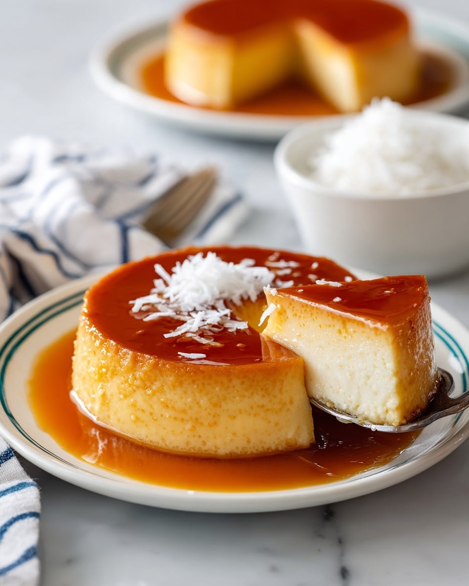 A smooth, round flan dessert with three visible layers sits on a white plate with thin green lines. The bottom layer is a light yellow custard that looks creamy and firm. The middle layer is the same custard continuing upward, and the top layer is a shiny, dark amber caramel glaze covering the whole top surface and dripping slightly down the sides. There is a small pile of white coconut flakes on the right center of the flan. A silver spatula is lifting a slice from the flan, showing clean edges and a uniform texture. The background features a white marbled surface, a blurred white dish, and a striped white cloth. Photo taken with an iphone --ar 4:5 --v 7