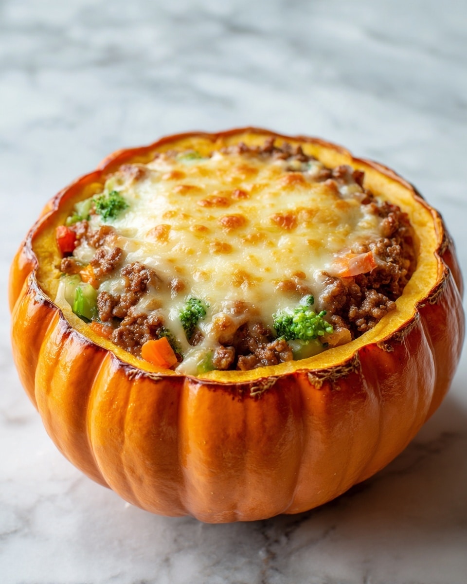 A cooked orange pumpkin hollowed out and filled with a layered mixture of browned ground meat, green herbs, and melted golden cheese on top, showing a slightly crispy texture. The pumpkin has a smooth, shiny surface with some slight char marks, and the filling looks moist and rich with bits of meat and greenery clearly visible. The dish is placed on a white plate over a white marbled surface. Photo taken with an iphone --ar 4:5 --v 7