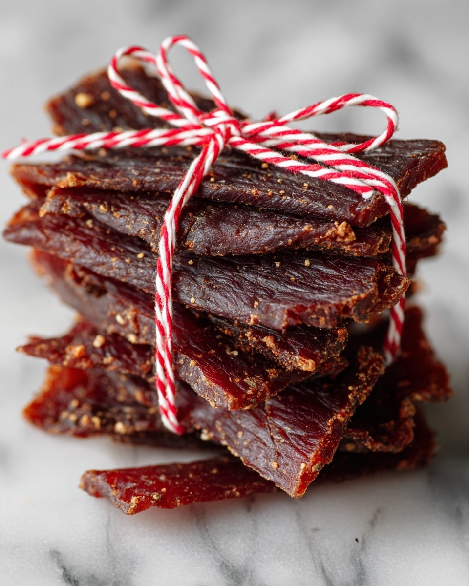 A thick stack of dark reddish-brown beef jerky pieces with a rough, slightly wrinkled texture is tied neatly with a thin red and white striped string, forming a bow on top. The jerky layers have uneven edges, showing a mix of slightly glossy and matte dried meat surfaces. The stack sits directly on a white marbled texture that adds soft gray swirls around the jerky. Photo taken with an iphone --ar 4:5 --v 7