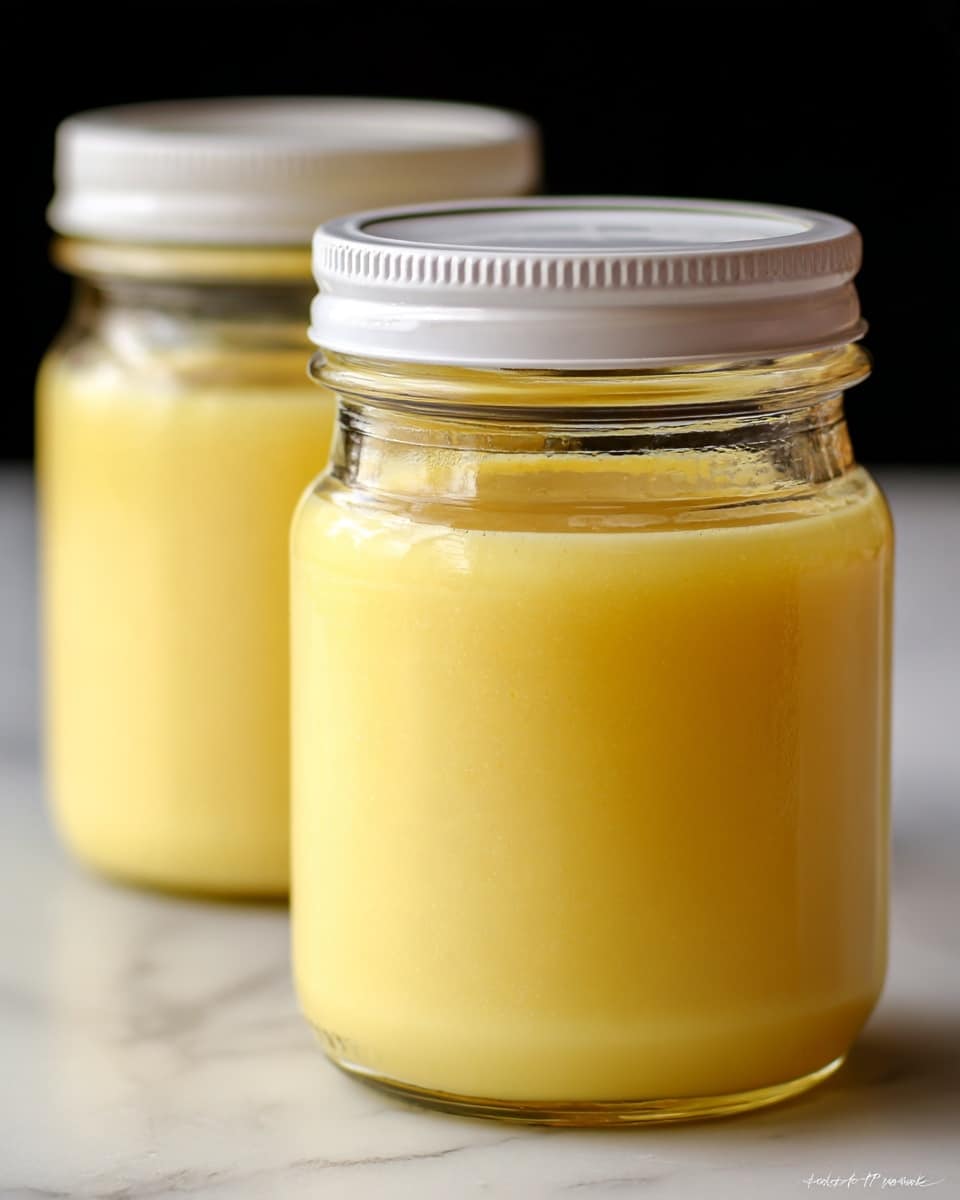 The image shows a close-up of a clear glass jar filled with a creamy, thick yellow liquid. The jar has a white screw-on lid and is placed on a surface with a white marbled texture. Another similar jar with the same yellow liquid and white lid is partially visible to the left side of the main jar. The background is plain and dark, making the jars and their contents stand out clearly. photo taken with an iphone --ar 4:5 --v 7