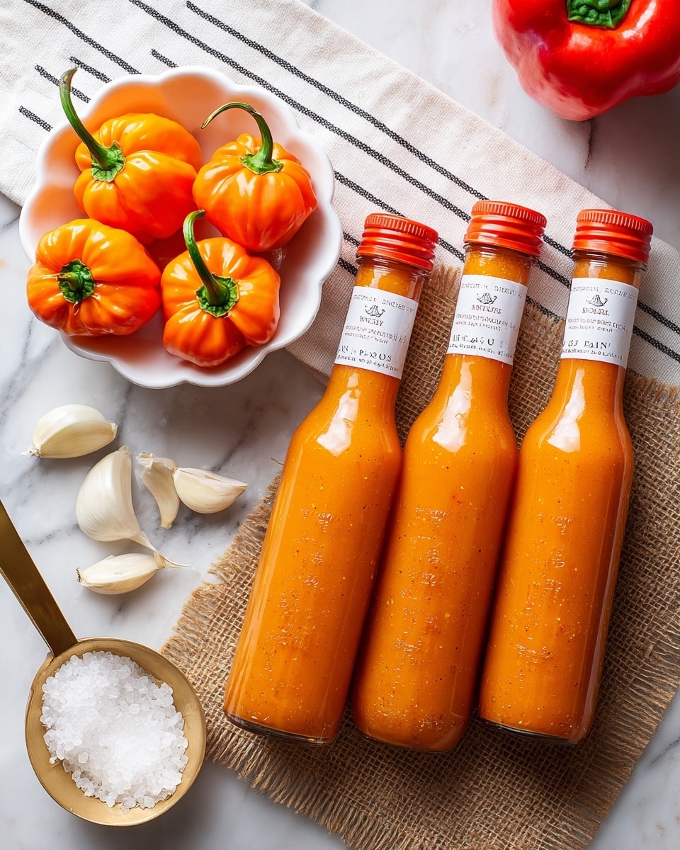 The image shows three tall glass bottles filled with bright orange mango habanero hot sauce, each with a red cap and a white label with black text. To the left is a white bowl with scalloped edges, filled with five shiny, orange habanero peppers with green stems. Near the bottles are scattered garlic cloves with off-white and light brown skins. A golden scoop filled with coarse white salt is placed towards the bottom left. The setup is all on a white marbled surface with a piece of brown burlap fabric underneath some items, and a white cloth with thin black stripes partly visible at the top. A red bell pepper is partially seen near the top right corner. photo taken with an iphone --ar 4:5 --v 7