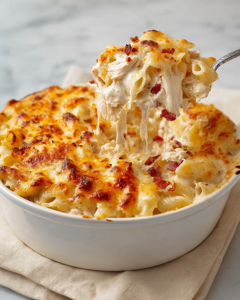 A white baking dish filled with baked macaroni and shredded chicken is shown, with a spoon lifting a portion. The dish has several visible layers: at the top, golden brown melted cheese forms a slightly crispy crust; below it, creamy pasta mixed with shredded white chicken and bits of red seasoning or bacon is visible, with macaroni noodles that are pale yellow and slightly saucy. The textures vary from the crunchy top layer to soft pasta and tender meat below. The dish rests on a beige cloth, all placed on a white marbled surface. Photo taken with an iphone --ar 4:5 --v 7