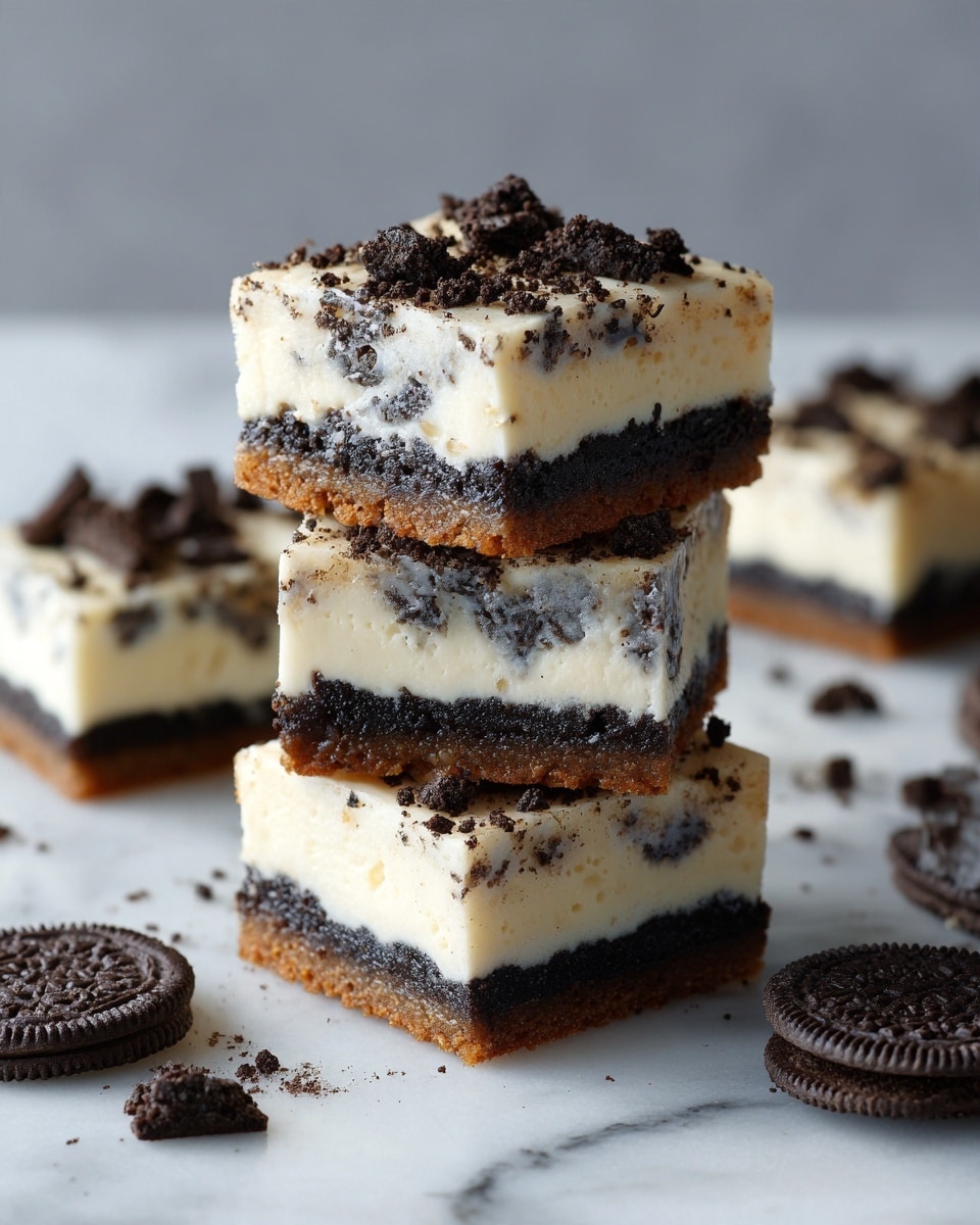 The image shows a stack of four square dessert bars with a creamy white top layer filled with dark cookie pieces, and a thick dark bottom layer with a slightly crumbly texture. The bars are arranged on a white marbled surface with some loose dark sandwich cookies scattered around. The creamy top layer is smooth and thick, while the bottom layer looks dense and rich, creating a strong contrast between the white and dark colors. Photo taken with an iphone --ar 4:5 --v 7