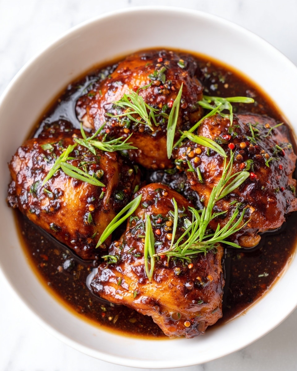 A white shallow bowl filled with five pieces of glazed chicken thighs arranged close together, each piece coated in a rich, dark brown sauce with a shiny, slightly sticky texture. The chicken skin has a golden caramel color with visible grill marks and small green herb sprigs placed on top. Scattered thin slices of green olives float in the sauce, adding a pop of fresh green color. The background shows a white marbled texture surface. photo taken with an iphone --ar 4:5 --v 7