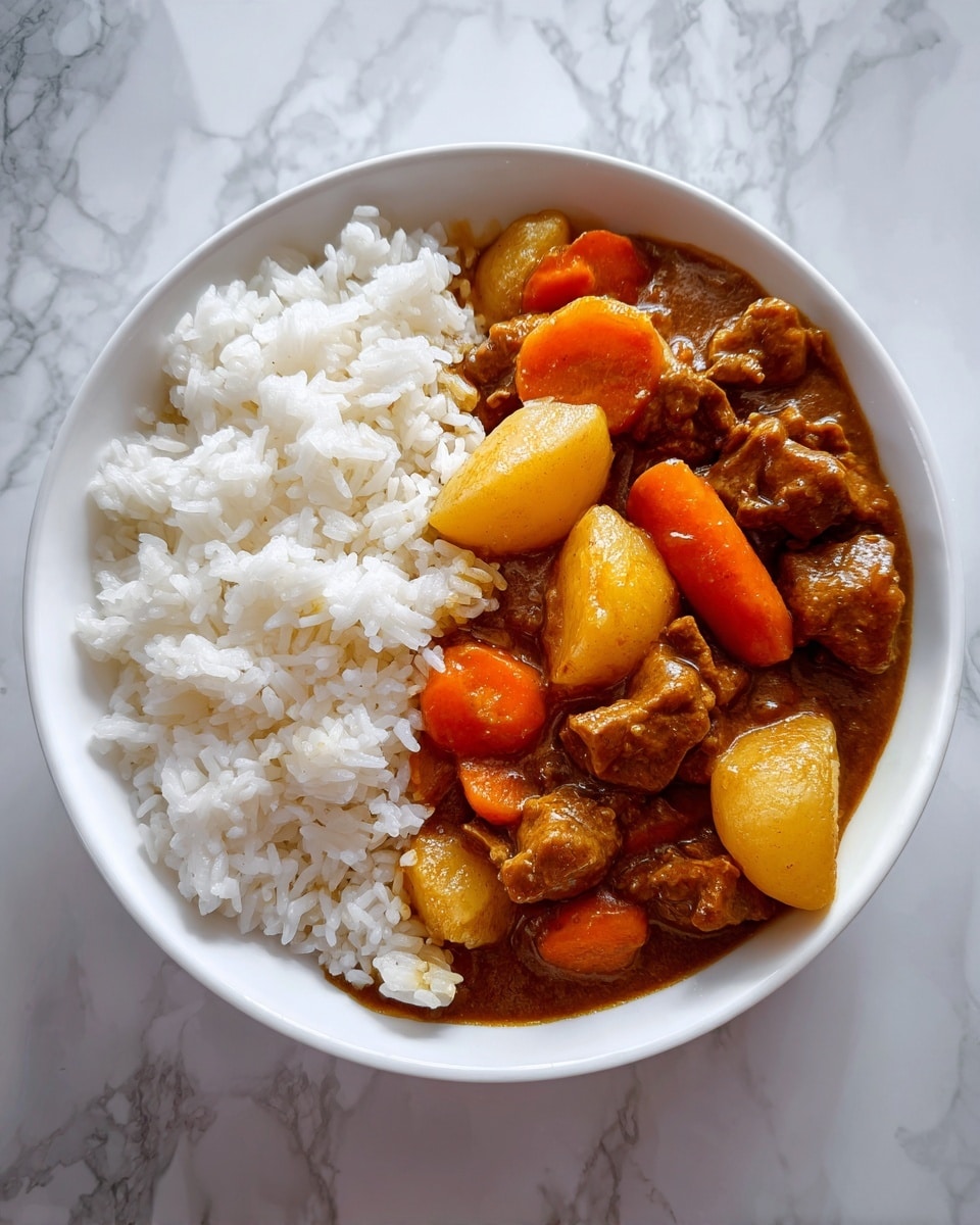A white bowl filled with a two-layer dish, the bottom half is a mound of fluffy white rice with visible grains, while the top half is thick brown curry sauce covering chunky pieces of tender meat, orange carrot slices, and large golden potato chunks. The curry sauce has a glossy, smooth texture, partially soaking into the rice. The bowl sits on a white marbled surface. photo taken with an iphone --ar 4:5 --v 7
