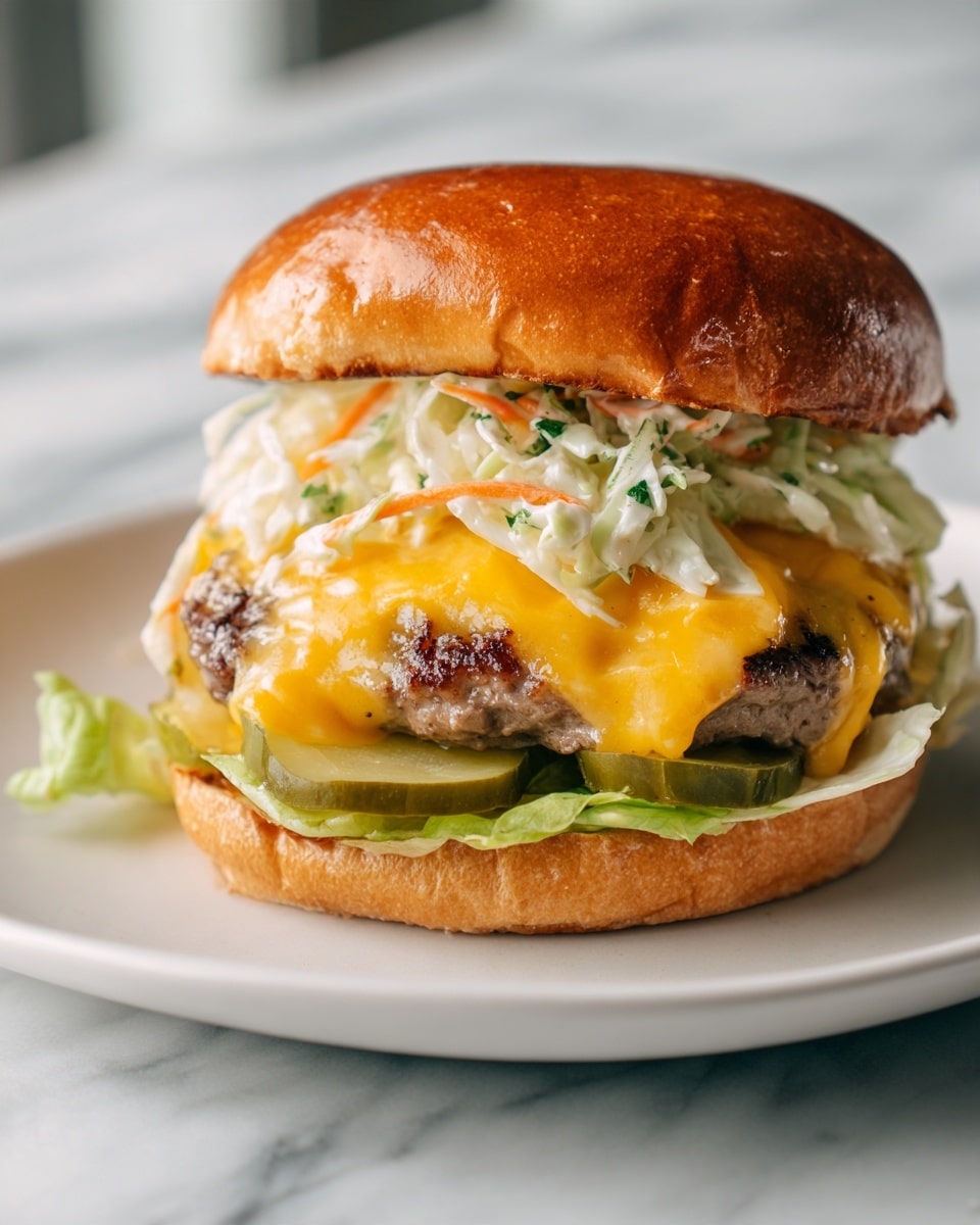 A close-up of a burger with several layers on a white plate, placed on a white marbled surface. The bottom layer is green lettuce peeking out from under several slices of glossy green pickles with wavy edges. On top are two thick grilled beef patties with browned edges covered by melted bright orange cheddar cheese oozing down the sides. Above the cheese is a generous layer of creamy coleslaw made of shredded white cabbage, orange carrots, and some purple cabbage mixed in a white dressing. The top layer is a shiny, smooth, golden brown toasted bun with a slightly glossy surface. Photo taken with an iphone --ar 4:5 --v 7