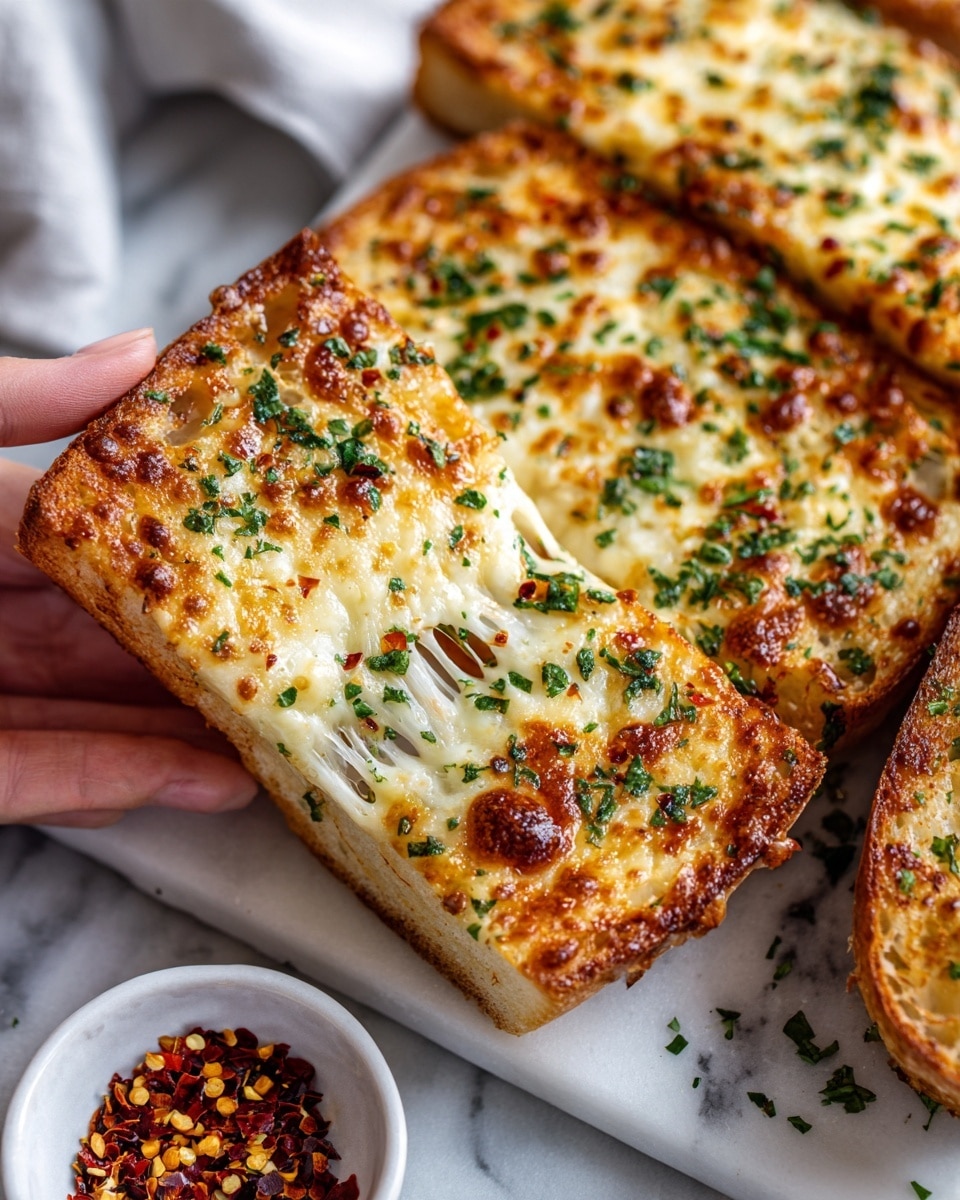 A close-up of a cheesy garlic bread cut into thick rectangular slices. The base layer is golden-brown toasted bread with a crusty texture. Above that is a thick layer of melted, gooey cheese, golden and bubbly with browned spots. The cheese is topped with finely chopped fresh green parsley and scattered red chili flakes. One slice is partially lifted, stretching strings of melted cheese. The bread is on a wooden board with a white bowl of crushed red chili flakes nearby, all set on a white marbled textured surface. Photo taken with an iphone --ar 4:5 --v 7