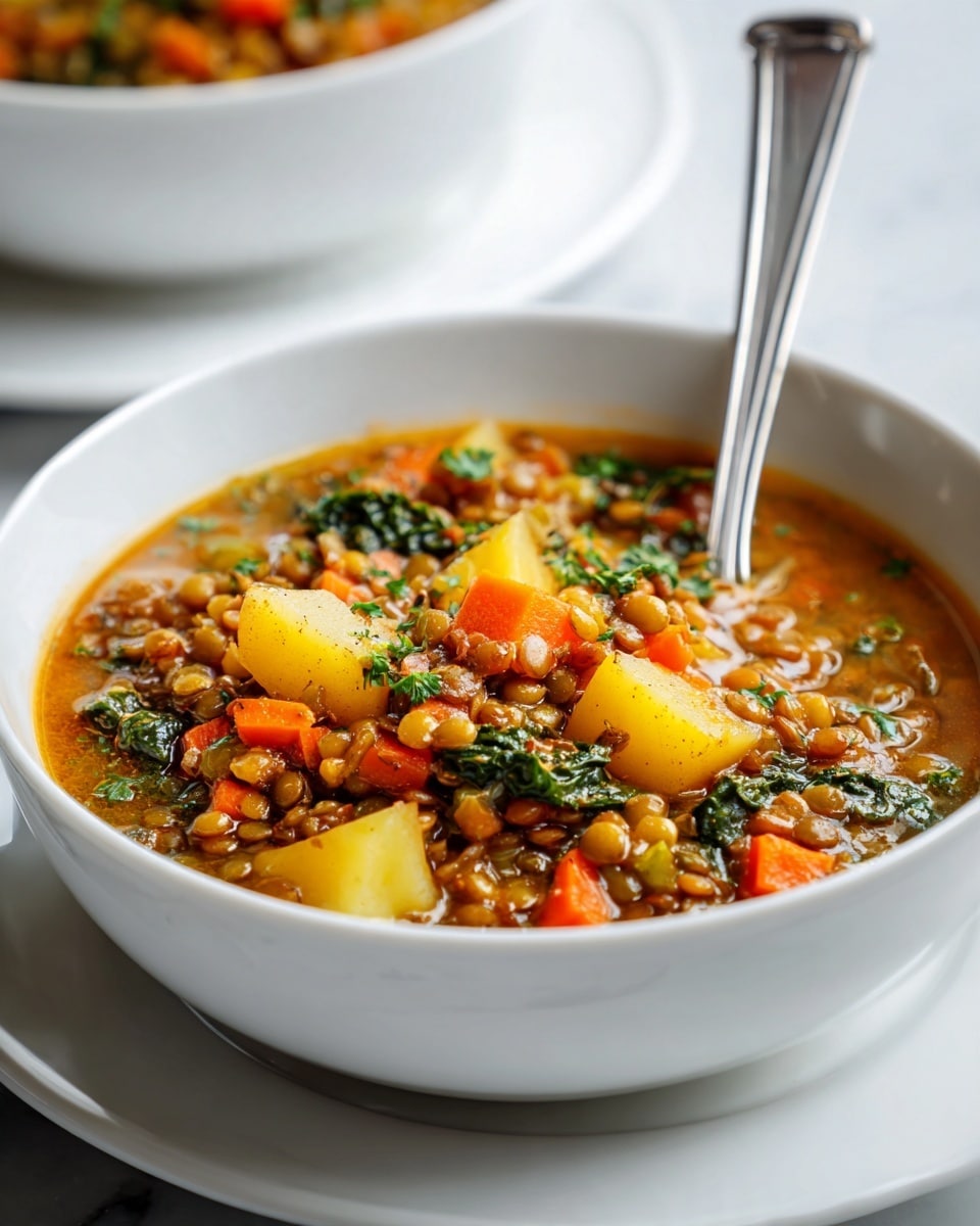 A white bowl full of thick lentil soup sits on a stack of two white plates, placed on a white marbled surface. The soup is filled with small brown lentils, smooth round pieces of yellow potato, and bits of orange carrot, all in a rich, light brown broth. There are green spinach or parsley leaves scattered throughout the soup, adding a fresh contrast. A spoon rests inside the bowl, partially submerged in the soup, ready to scoop. The scene looks warm and hearty, perfect for a cozy meal. photo taken with an iphone --ar 4:5 --v 7