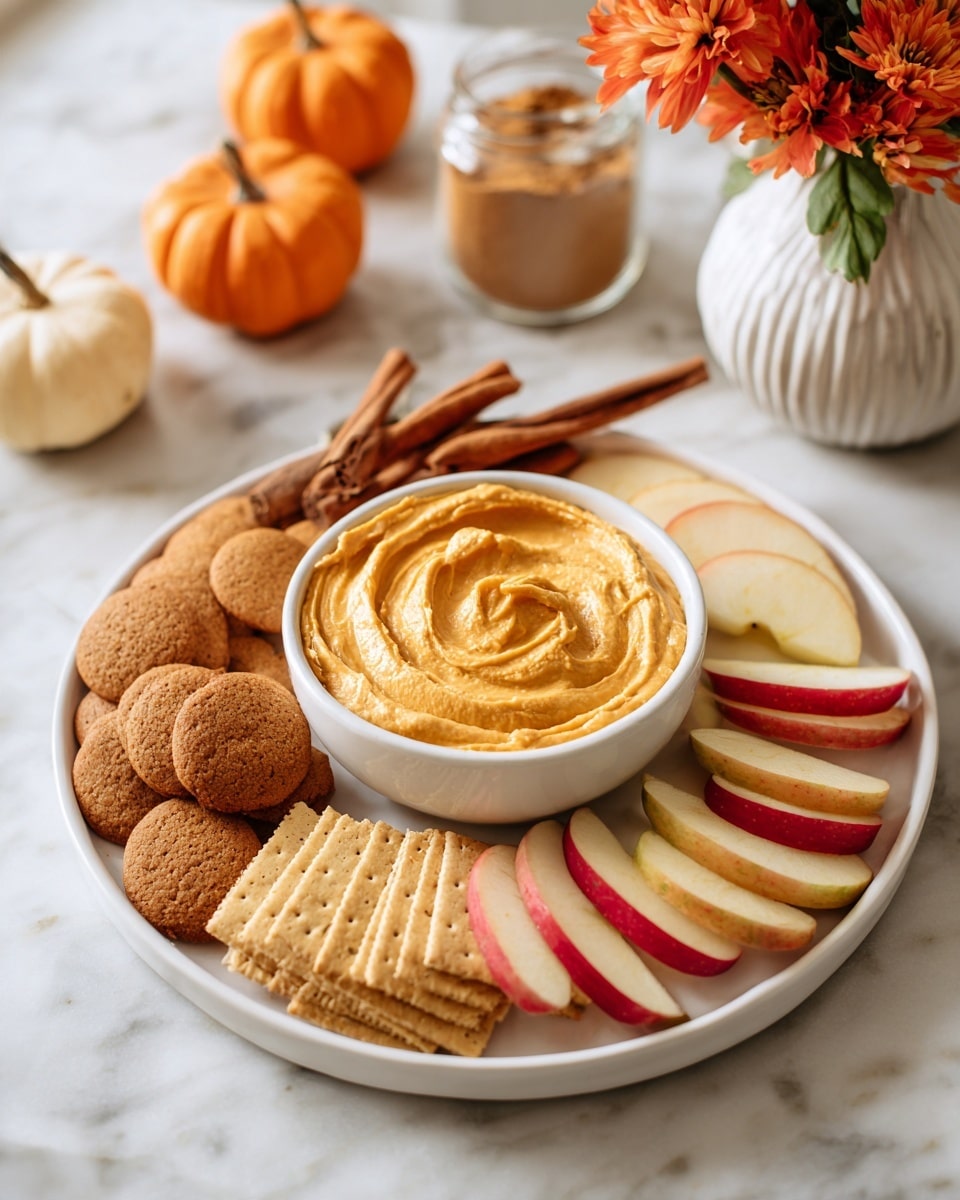 A white round plate on a white marbled surface holds a spread with a white bowl of creamy, light brown dip at the center, swirled smoothly on top. Around the bowl, arranged in sections along the plate’s edge, are thin apple slices with red and yellow skin, rectangular light brown biscuit sticks placed upright in a neat row, and round ginger cookies stacked closely next to the biscuits. In the blurred background, there is a small orange pumpkin, two cinnamon sticks, a glass jar with brown powder, and a white pot with bright orange flowers. photo taken with an iphone --ar 4:5 --v 7