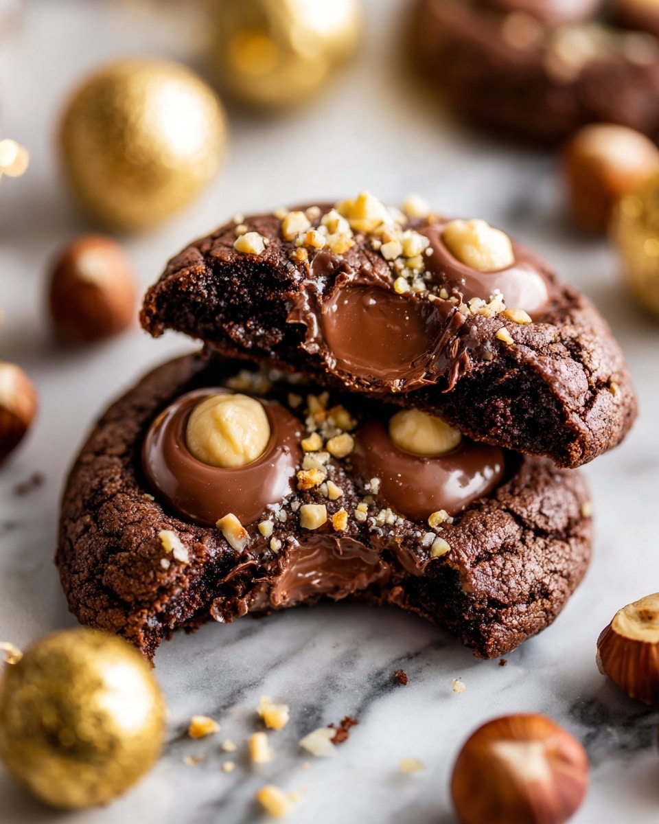 A close-up view of a broken dark chocolate cookie revealing a rich, glossy, melted chocolate center flowing between two thick, dark brown cookie halves that are sprinkled with small light brown nut pieces. The cookie sits on a pile of similar whole cookies, also topped with nut bits, all on a white marbled surface. Around the cookies are cut-open gold foil-wrapped chocolates filled with smooth milk chocolate and whole hazelnuts. The background is softly blurred metallic golden decorations adding a warm glow. photo taken with an iphone --ar 4:5 --v 7