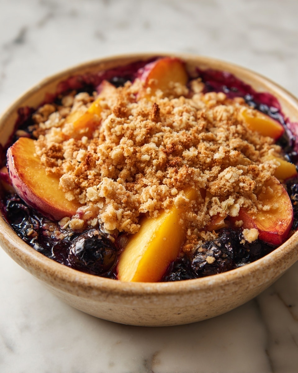 A close-up of a round beige ceramic dish with a peach and blueberry crumble inside, showing two layers: the bottom layer has dark purple and blue blueberries mixed with bright orange peach pieces, creating a juicy, glossy fruit mix; the top layer is a thick, golden brown oat crumble, unevenly spread with a rough texture and clumps of oats, partially covering the fruit layer. The dish sits on a white marbled surface. Photo taken with an iphone --ar 4:5 --v 7
