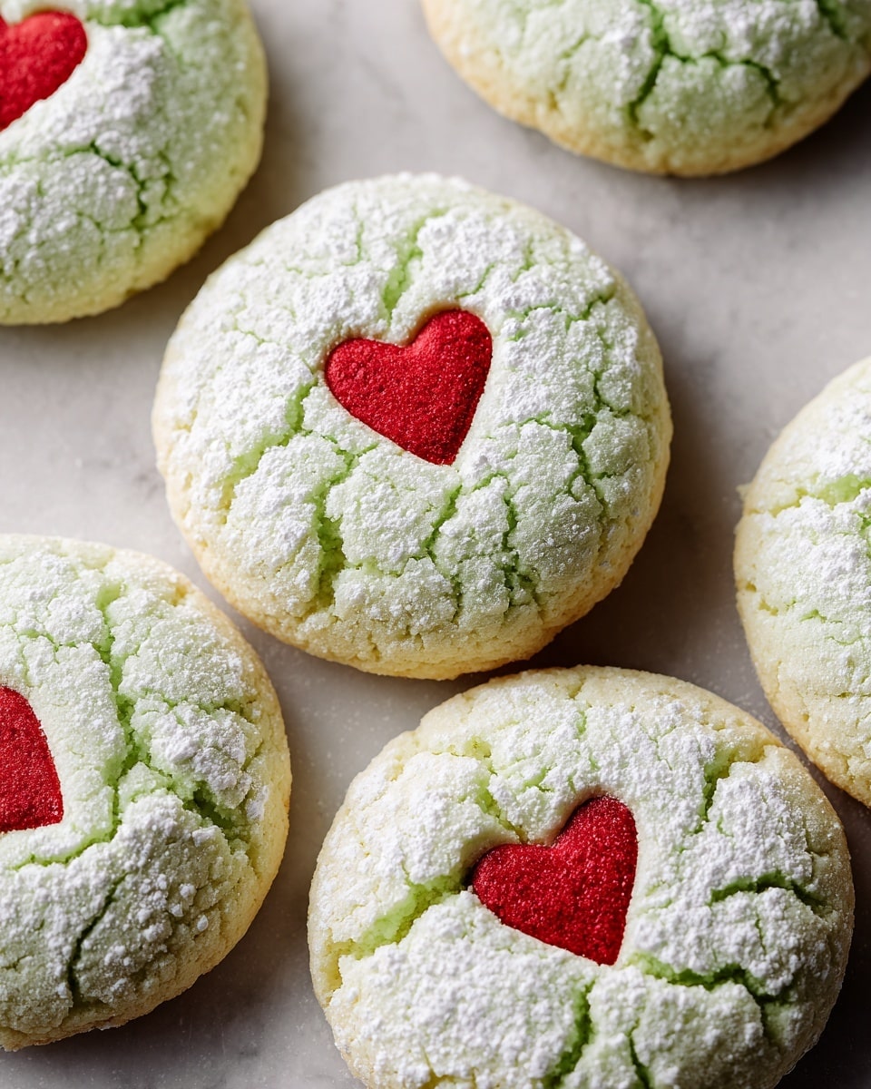 This image shows several light green cookies with a soft and cracked texture, arranged close together on a white marbled surface. Each cookie has a dusting of white powdered sugar mainly in the center and a small red heart-shaped candy placed in the middle, creating a bright contrast against the green. The cookies have a round shape, with slightly uneven edges, and the powdered sugar follows the cracks in the dough, enhancing their homemade look. The overall scene is brightly lit, highlighting the soft texture and vibrant colors of the cookies. photo taken with an iphone --ar 4:5 --v 7