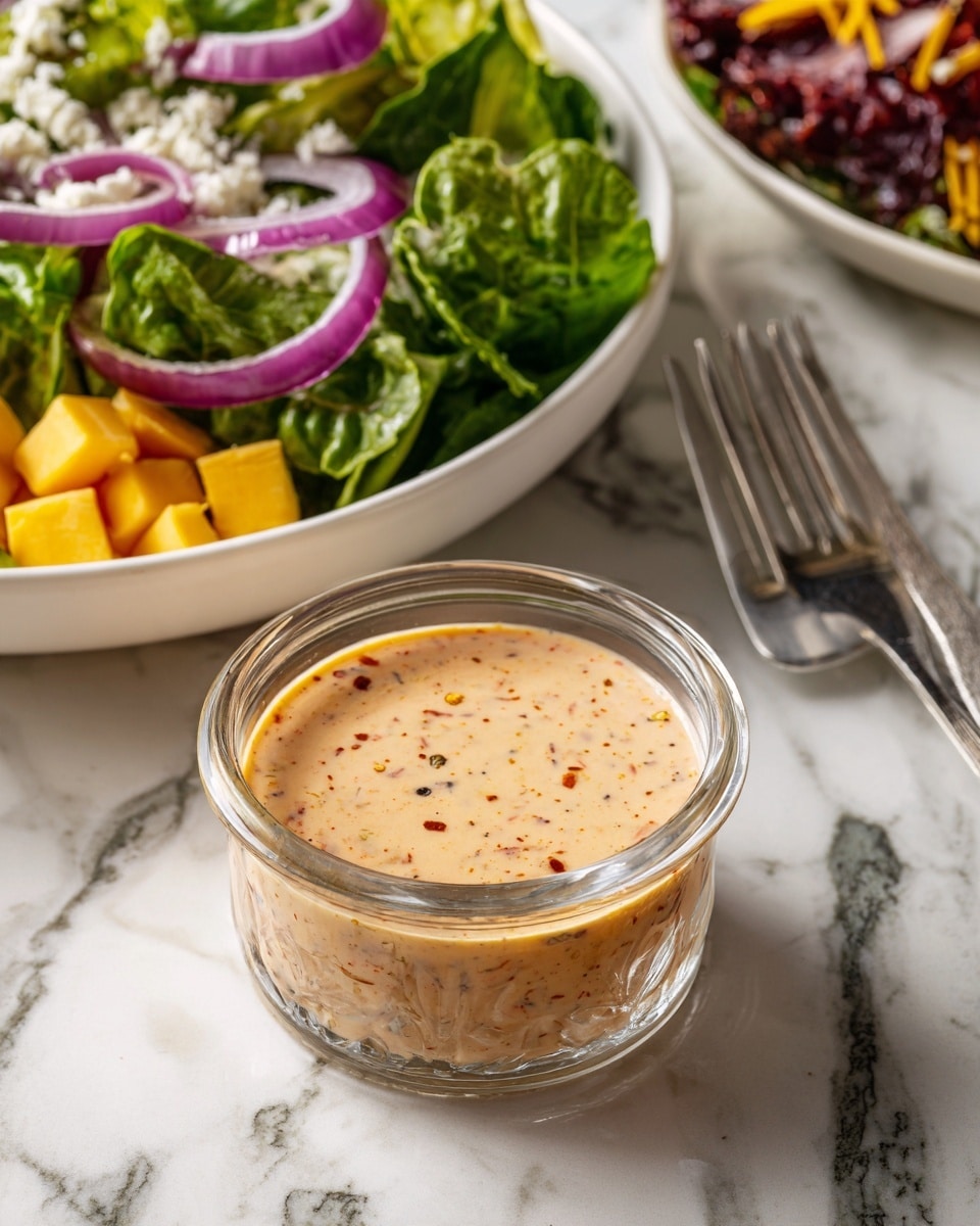 A clear glass bowl filled with a smooth, light brown salad dressing speckled with tiny spices sits in the foreground on a white marbled surface. Behind it, there is a white bowl filled with a colorful salad made of green leafy vegetables, small diced yellow pieces, chopped red onions, and larger slices of purple onion rings. A silver fork lies between the dressing bowl and the salad bowl, adding a metallic shine to the scene. The overall look is fresh and inviting. photo taken with an iphone --ar 4:5 --v 7