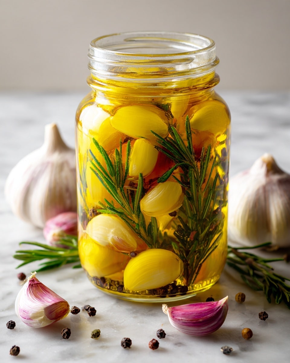 A glass jar sits on a white marbled surface, filled with layers of yellow garlic cloves, pinkish garlic pieces, and green rosemary sprigs, all submerged in golden olive oil. Around the jar, whole garlic bulbs and loose garlic cloves are scattered, blending with sprigs of fresh rosemary, creating a fresh and natural look. The jar top view shows the herbs and garlic floating gently under the oil’s shiny, smooth surface. photo taken with an iphone --ar 4:5 --v 7