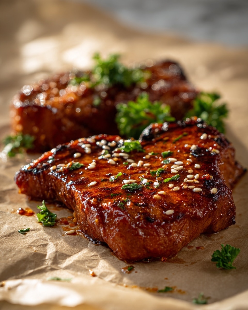 The image shows two pieces of crispy fried chicken placed on crumpled brown paper over a white marbled surface. The larger piece is in the front, showing multiple diagonal cuts that reveal a reddish-brown, crunchy texture coated with sesame seeds and green herbs sprinkled on top. The smaller piece is behind it, similarly crispy but whole. On the upper right side, fresh green parsley adds color contrast. The warm sunlight highlights the glistening, spicy coating on the chicken. Photo taken with an iphone --ar 4:5 --v 7