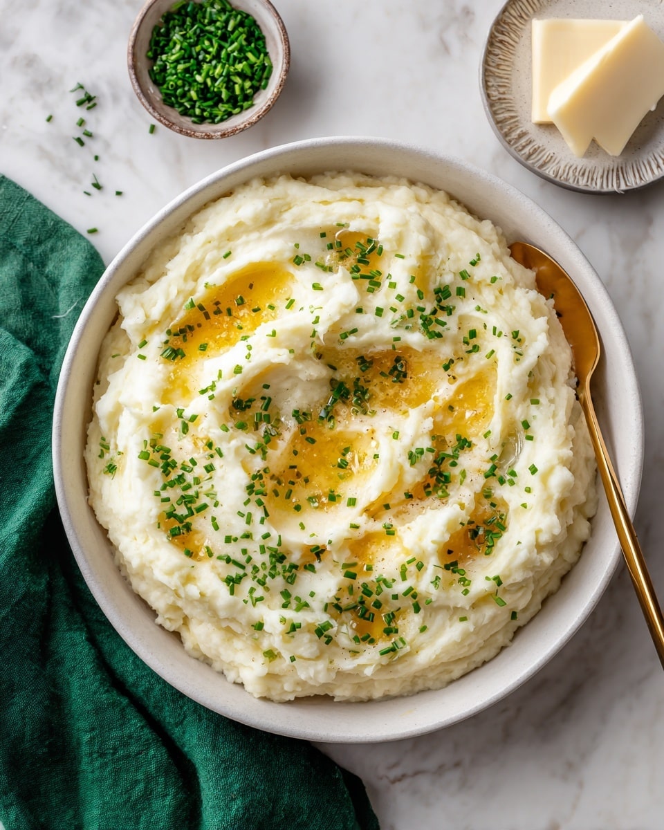 A close-up of a white bowl filled with creamy mashed potatoes that have a smooth, fluffy texture with small curls and peaks. The mashed potatoes are topped with small pools of melted butter and sprinkled with finely chopped green herbs evenly spread across the surface. A gold spoon rests inside the bowl on the right side, partially sunk into the potatoes. The bowl sits on a white marbled surface with a green cloth napkin below it, and small bowls with additional herbs and butter are visible near the top right. Photo taken with an iphone --ar 4:5 --v 7