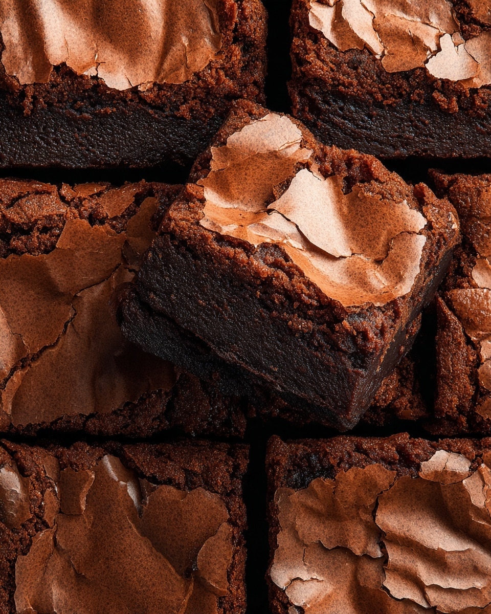 A close-up view of several thick, square brownies with a cracked, shiny brown top layer showing a slightly rough texture. Underneath the top crust, a dark, rich, and moist chocolate layer is visible in the cracks between the squares. The brownies are tightly packed together, creating a grid of nine pieces. The colors range from deep chocolate brown to lighter, glossy brown on the cracked surface, highlighting the contrast between the top and inside. photo taken with an iphone --ar 4:5 --v 7