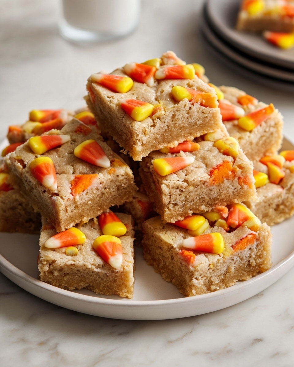 A stack of nine square cookie bars is arranged on a white plate, each bar topped with multiple candy corn pieces scattered evenly on the surface. The cookie bars have a light golden brown color with a soft and slightly crumbly texture, and the candy corns add bright layers of orange, yellow, and white, contrasting against the cookies. The plate sits on a white marbled surface, with part of a dark plate visible in the background. The scene is bright and clear, highlighting the warm colors and inviting look of the treat. photo taken with an iphone --ar 4:5 --v 7