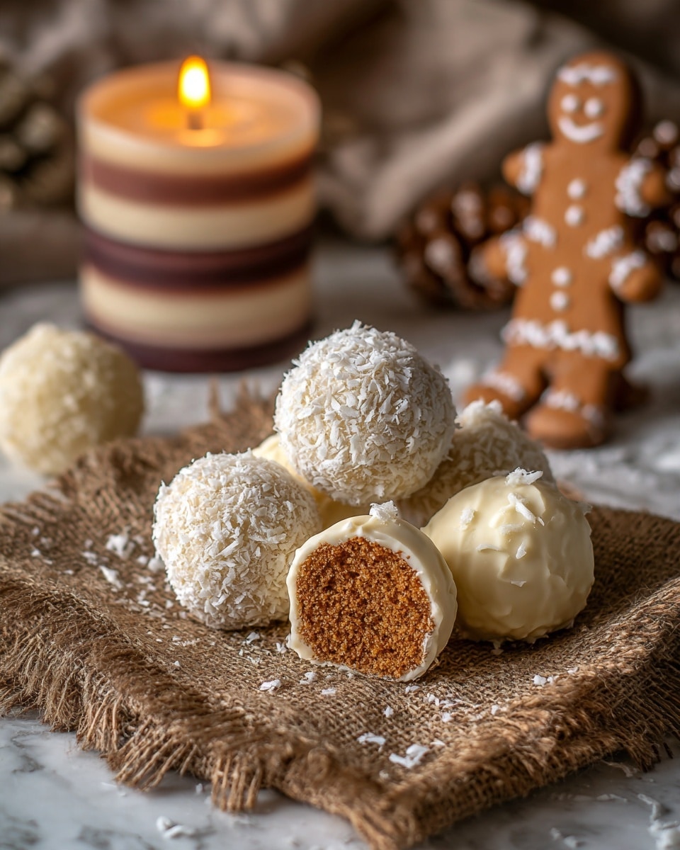 The image shows a group of round sweet balls placed on a brown textured cloth on a white marbled surface. There are six balls in total, with three covered in white coconut flakes, two coated with smooth white chocolate, and one cut in half revealing a rich brown center. In the background, there is a brown and white layered lit candle and a gingerbread man figure decorated with white icing. The setting has a cozy, festive feel with warm lighting. Photo taken with an iphone --ar 4:5 --v 7