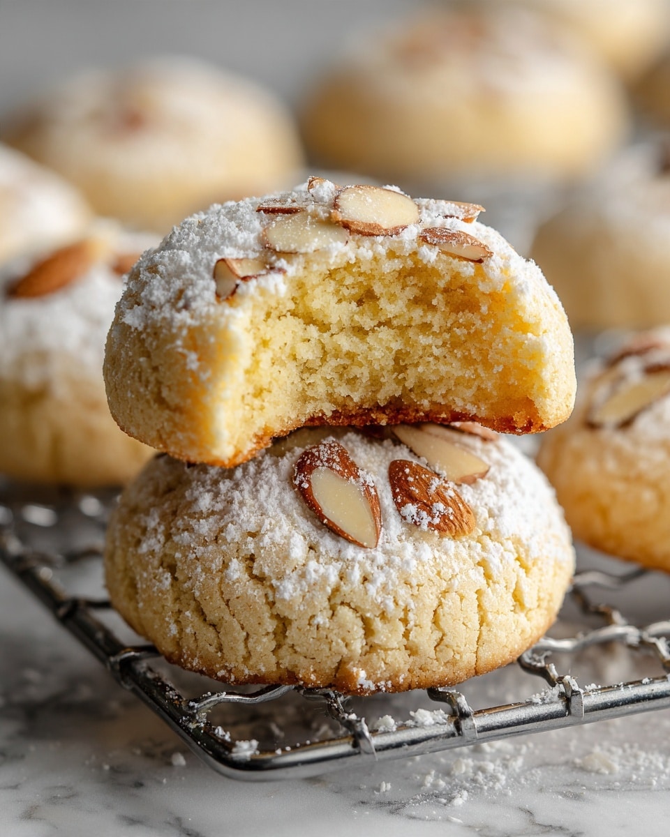The image shows two almond cookies stacked on a silver cooling rack over a white marbled surface. The bottom cookie is round with a light golden-brown base and topped with thin, pale almond slices and a dusting of white powdered sugar. The top cookie is the same but has a bite taken out of it, revealing a soft, crumbled, light beige interior. Both cookies have a delicate, slightly crumbly texture and are lightly dusted with powdered sugar on top. In the background, several more similar cookies are out of focus. Photo taken with an iphone --ar 4:5 --v 7