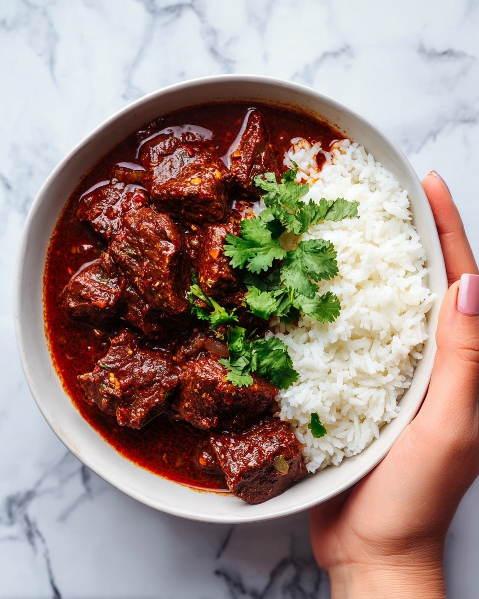 The image shows a white bowl filled with a dish featuring two main sections. On one side, there is a bed of fluffy white rice with a soft texture. On the other side, there is a rich, dark brown beef stew with visible chunks of tender meat covered in thick, glossy sauce. The stew is garnished on top with fresh green cilantro leaves, adding a bright contrast to the deep colors of the dish. The bowl rests on a white marbled surface. Photo taken with an iphone --ar 4:5 --v 7