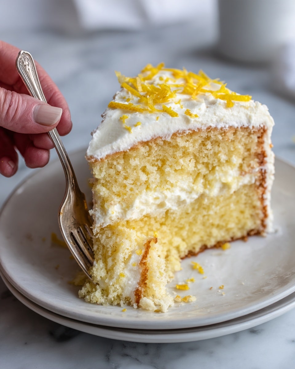 A slice of moist, pale yellow cake with a slightly crumbly texture is topped with a thick layer of creamy white frosting. Thin strips of yellow lemon zest are scattered generously on the frosting, adding bright color and texture. The cake sits on a white plate with a silver fork beside it, all placed on a white marbled surface. The lighting highlights the soft, fluffy inside of the cake and the smooth, glossy frosting on top photo taken with an iphone --ar 4:5 --v 7
