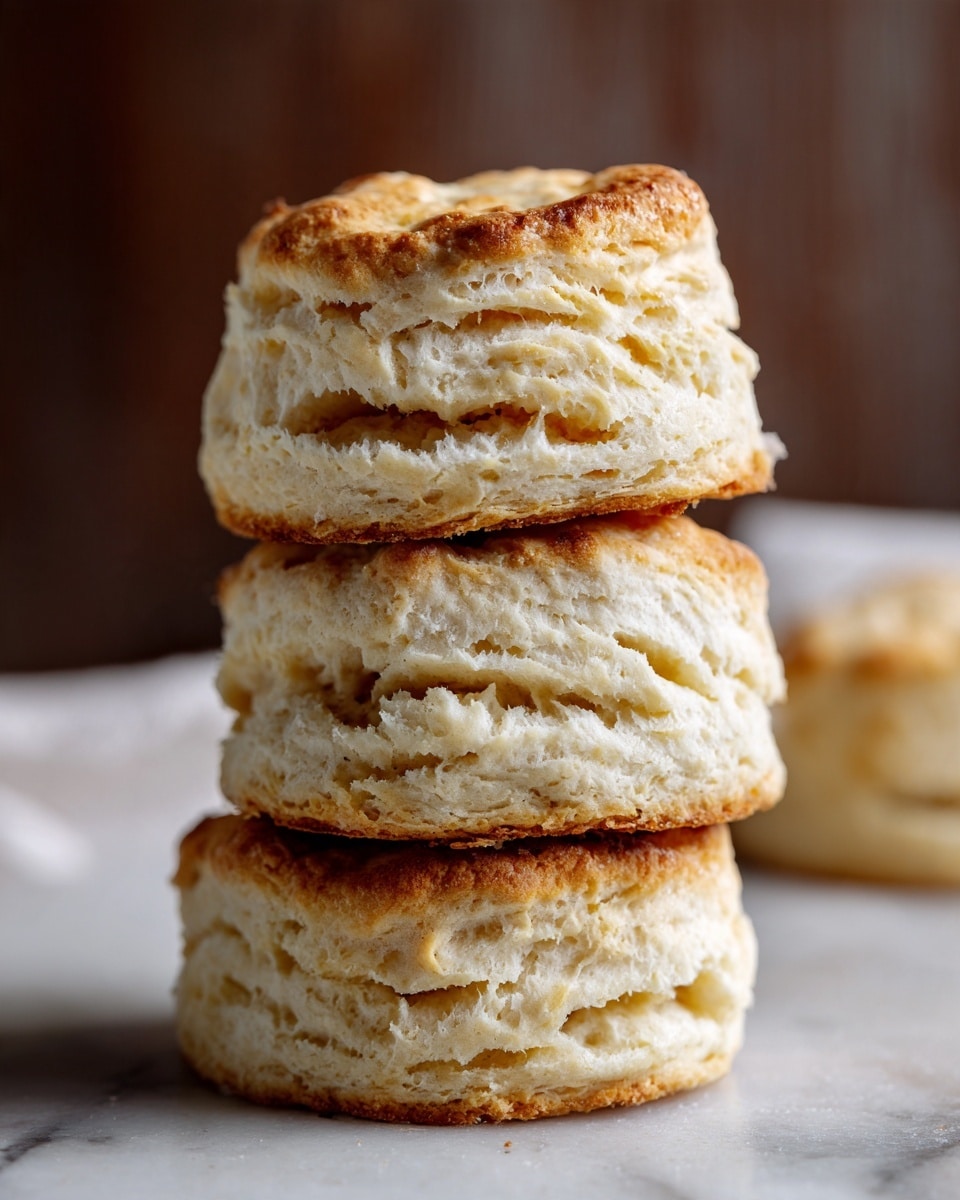 A stack of four soft, square biscuits is shown close up, each biscuit having a golden brown top and light fluffy inside with rough textured cracks and air pockets. The biscuits are piled one on top of the other, sitting directly on a white marbled surface. The background is a warm dark brown, providing contrast to the pale biscuits. The biscuits appear fresh with a slightly flaky, tender texture. Photo taken with an iphone --ar 4:5 --v 7