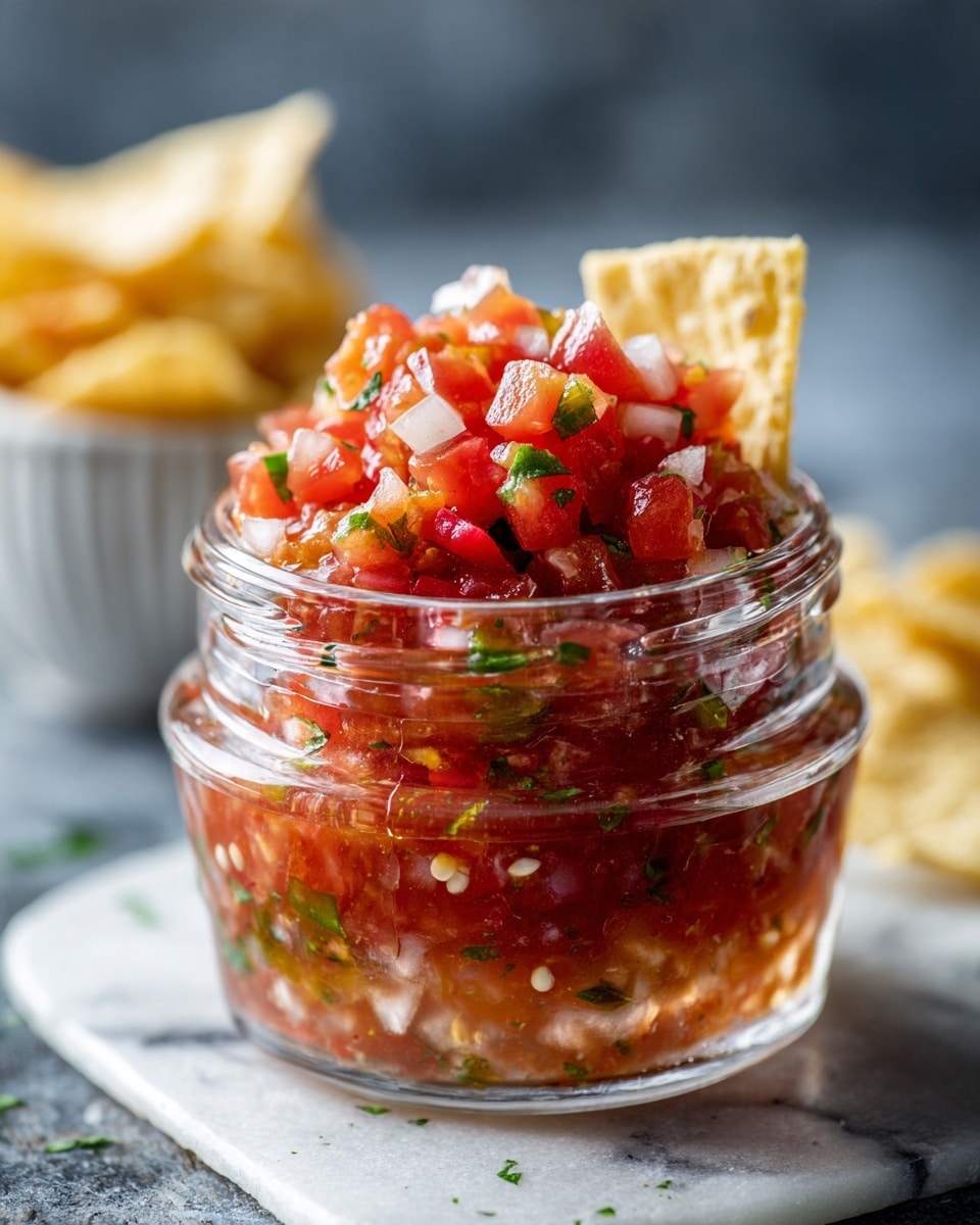 A clear glass jar filled to the top with chunky salsa shows three main layers: the bottom layer with seeds and small green jalapeño pieces, the middle layer with bright red tomato chunks mixed with translucent white onion bits, and the top layer piled with larger, finely diced red tomatoes and onion pieces, with one pale yellow tortilla chip sticking out near the rim; in the background, slightly out of focus, sits a white cup full of more pale yellow tortilla chips on a white marbled texture surface with a dark blurred backdrop. photo taken with an iphone --ar 4:5 --v 7