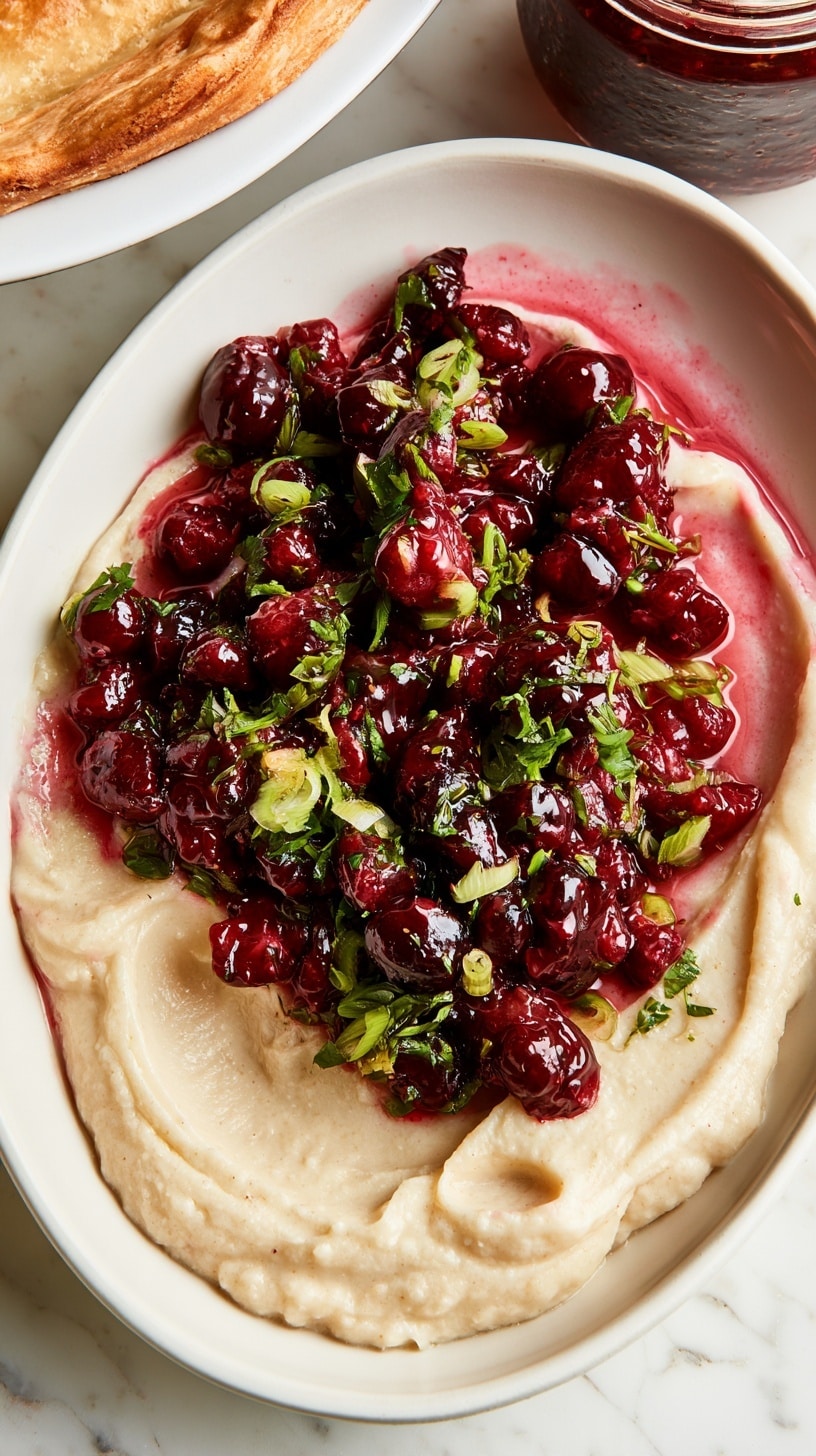 The dish in a white oval bowl has two layers. The bottom layer is smooth and creamy, pale beige in color, spread unevenly with soft swirls. On top is a chunky mix of dark red berries, some shiny and juicy, mixed with bright green fresh herbs and thin light green slices of scallion, scattered lightly on the berries. There is a pinkish liquid from the berries partially blending into the creamy base around the edges. In the background, part of a white bowl with a golden brown pie crust and a glass jar filled with more dark red berry jam is visible. The surface beneath is a white marbled texture. Photo taken with an iphone --ar 4:5 --v 7