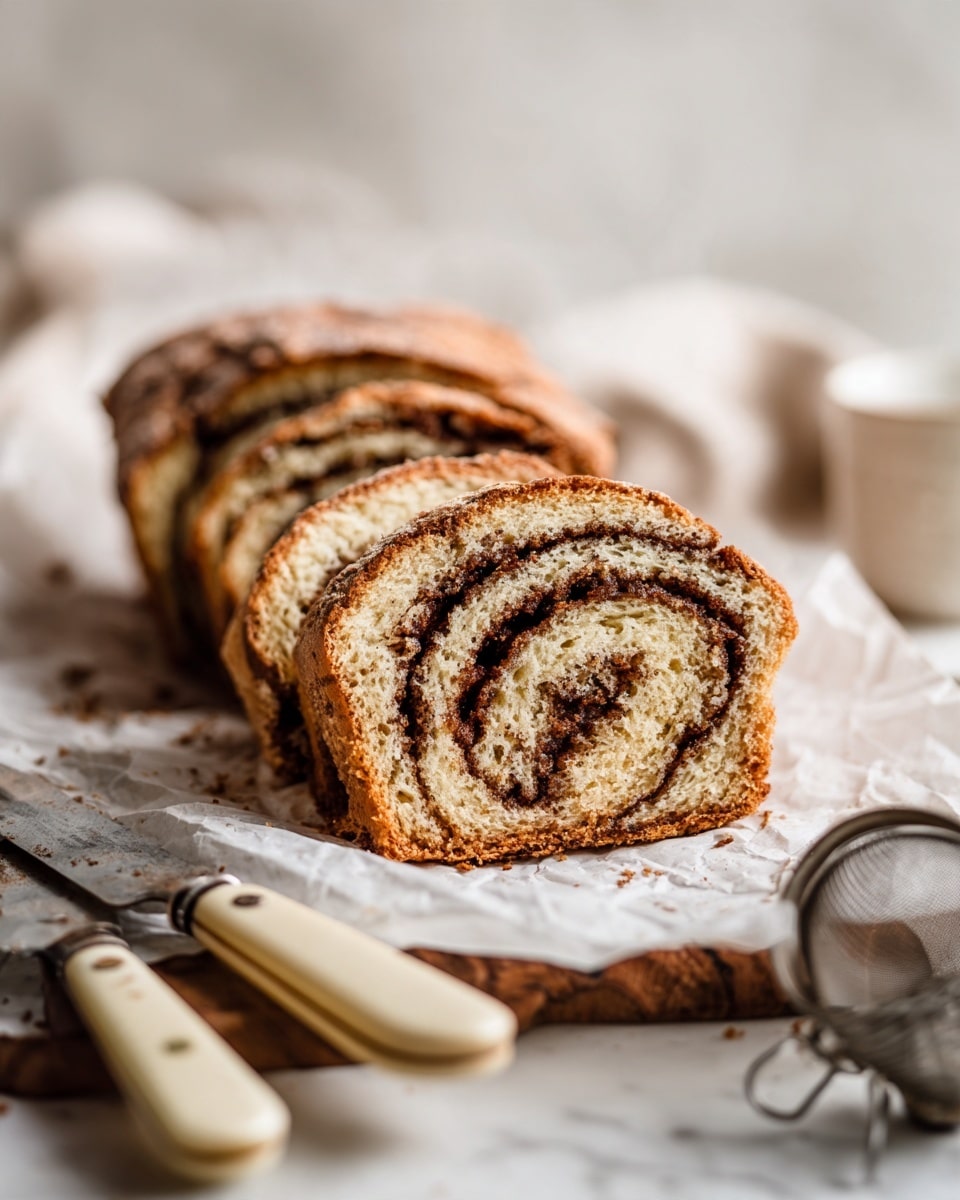 A close-up of two cinnamon rolls on a white marbled surface, one roll is sliced to show three visible layers: a light beige soft bread outer layer, a thin dark brown swirled cinnamon layer in the middle, and a thicker light beige bread in the center. The whole rolls have a golden brown top crust, slightly textured and soft-looking. The rolls rest on crumpled white parchment paper on a wooden board. In the foreground, there is a vintage butter knife with an ornate silver handle, slightly blurred, and to the side, a silver tea infuser ball. Photo taken with an iphone --ar 4:5 --v 7