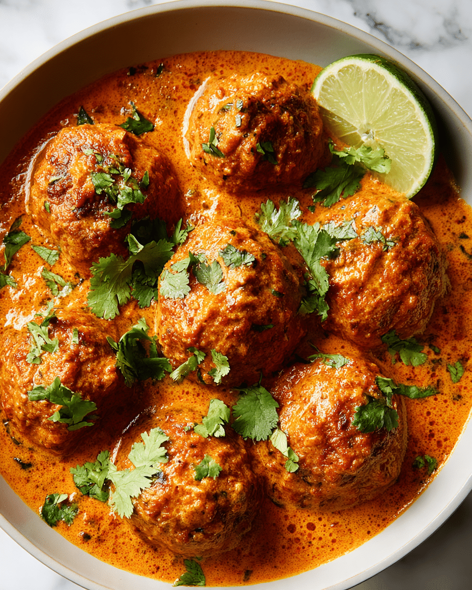 The image shows a close-up of round, textured meatballs covered in a thick, orange-brown curry sauce. The meatballs are arranged closely together in a shallow white bowl, with fresh green cilantro leaves scattered on top for garnish. A half-cut lime with light green flesh is placed near the top right corner of the bowl. The surface underneath the bowl has a white marbled texture. The sauce looks smooth and creamy, enveloping the meatballs evenly and creating a warm, appetizing appearance. Photo taken with an iphone --ar 4:5 --v 7