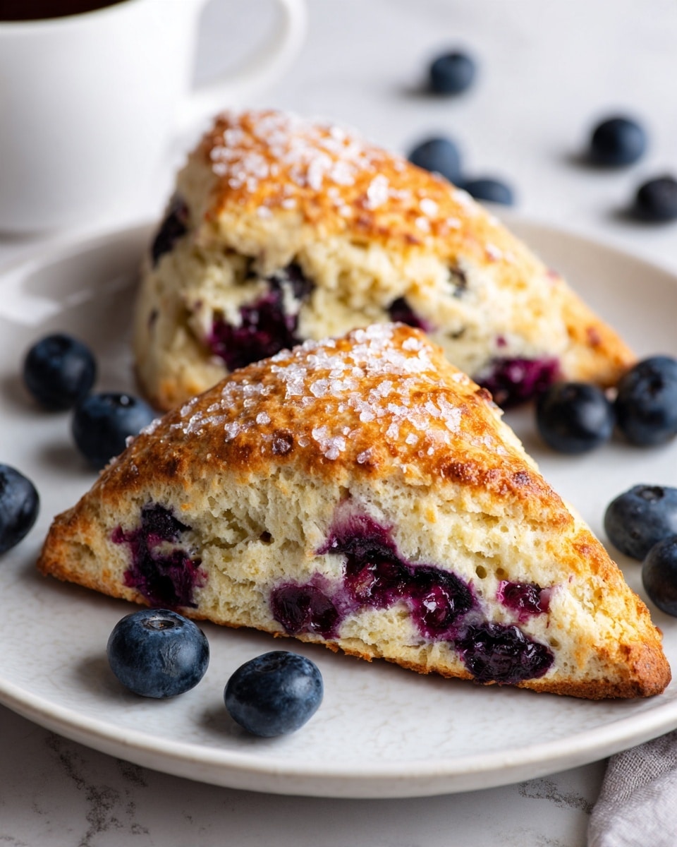 Two triangular blueberry scones lay slightly overlapping on a white marbled surface. Each scone has a golden-brown top with a coarse sugar sprinkle, giving a crunchy texture, while the inside is soft with a light cream color. Bright, whole blueberries are embedded inside the scones, showing deep blue and purple stains around them. Scattered fresh blueberries surround the scones, adding extra color and freshness. photo taken with an iphone --ar 4:5 --v 7