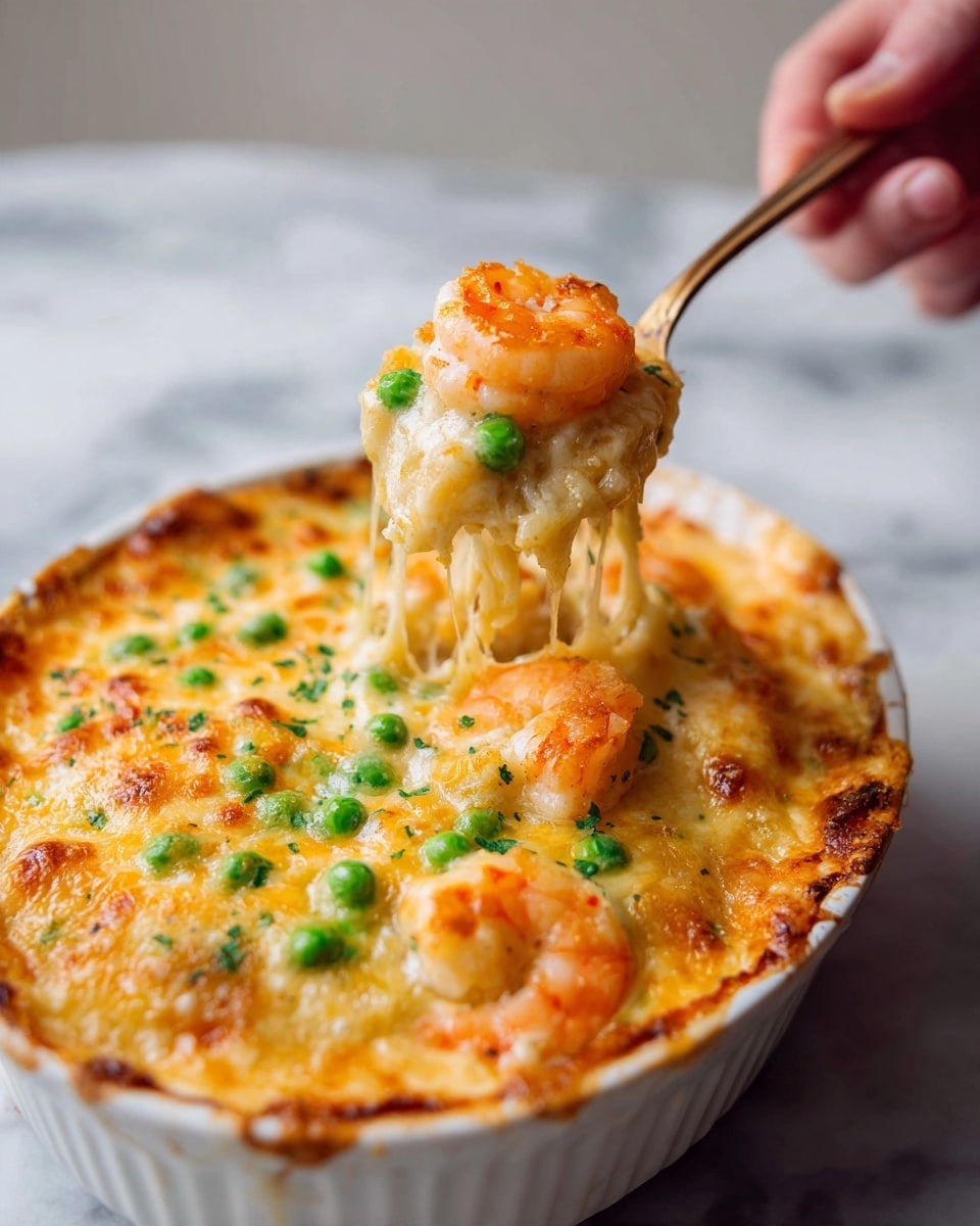 A close-up of a white rectangular baking dish filled with a cheesy shrimp casserole. The top layer is golden cheese with some melted, bubbly texture, scattered with pink shrimp and small green peas. A woman's hand is lifting a gooey, stretchy cheese portion from the corner, showing the thick, creamy inside with bits of shrimp and peas mixed throughout. The dish is placed on a white marbled surface. photo taken with an iphone --ar 4:5 --v 7