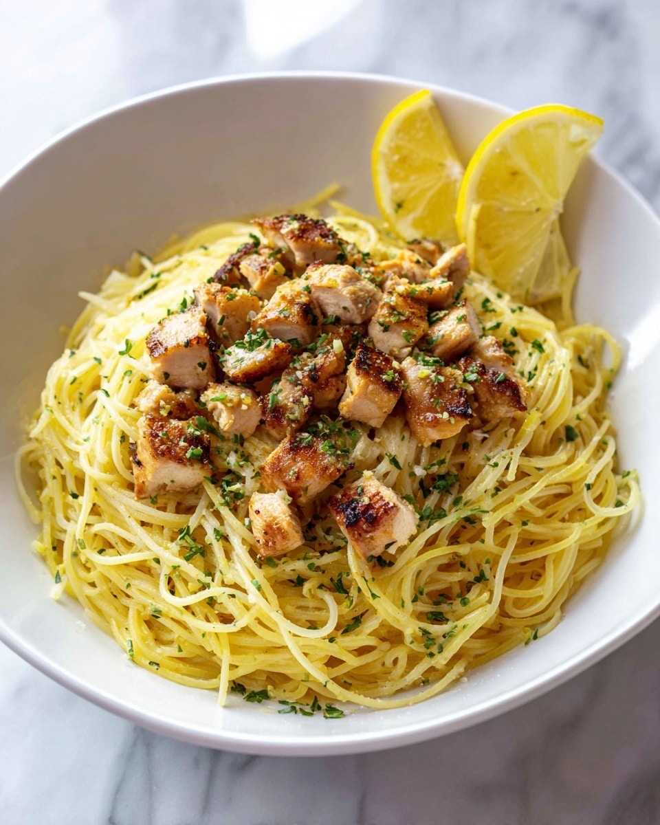 A white bowl filled with a base layer of thin cooked spaghetti noodles that are pale yellow. On top, there are pieces of grilled chicken, light brown with some golden sear marks and a slightly textured surface. The chicken pieces are scattered evenly, showing their irregular shapes. Small bits of green chopped herbs are sprinkled over the chicken, adding a fresh touch. Two lemon wedges sit on one side of the bowl, bright yellow with a slightly juicy and shiny look. The bowl is placed on a white marbled surface. photo taken with an iphone --ar 4:5 --v 7