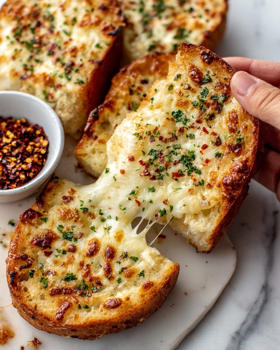 A close-up shot shows slices of thick, toasted bread covered in gooey, melted cheese with golden-brown spots and sprinkled with chopped green herbs and red chili flakes. One slice is being lifted by a woman's hand, revealing stretchy, creamy cheese connecting it to the rest. The bread crust is crisp and light brown, with a soft, fluffy inside beneath the cheese. A small white bowl of red chili flakes is placed nearby on a white marbled surface. The scene is warm and inviting, with details of toasted texture and fresh garnish visible. Photo taken with an iphone --ar 4:5 --v 7