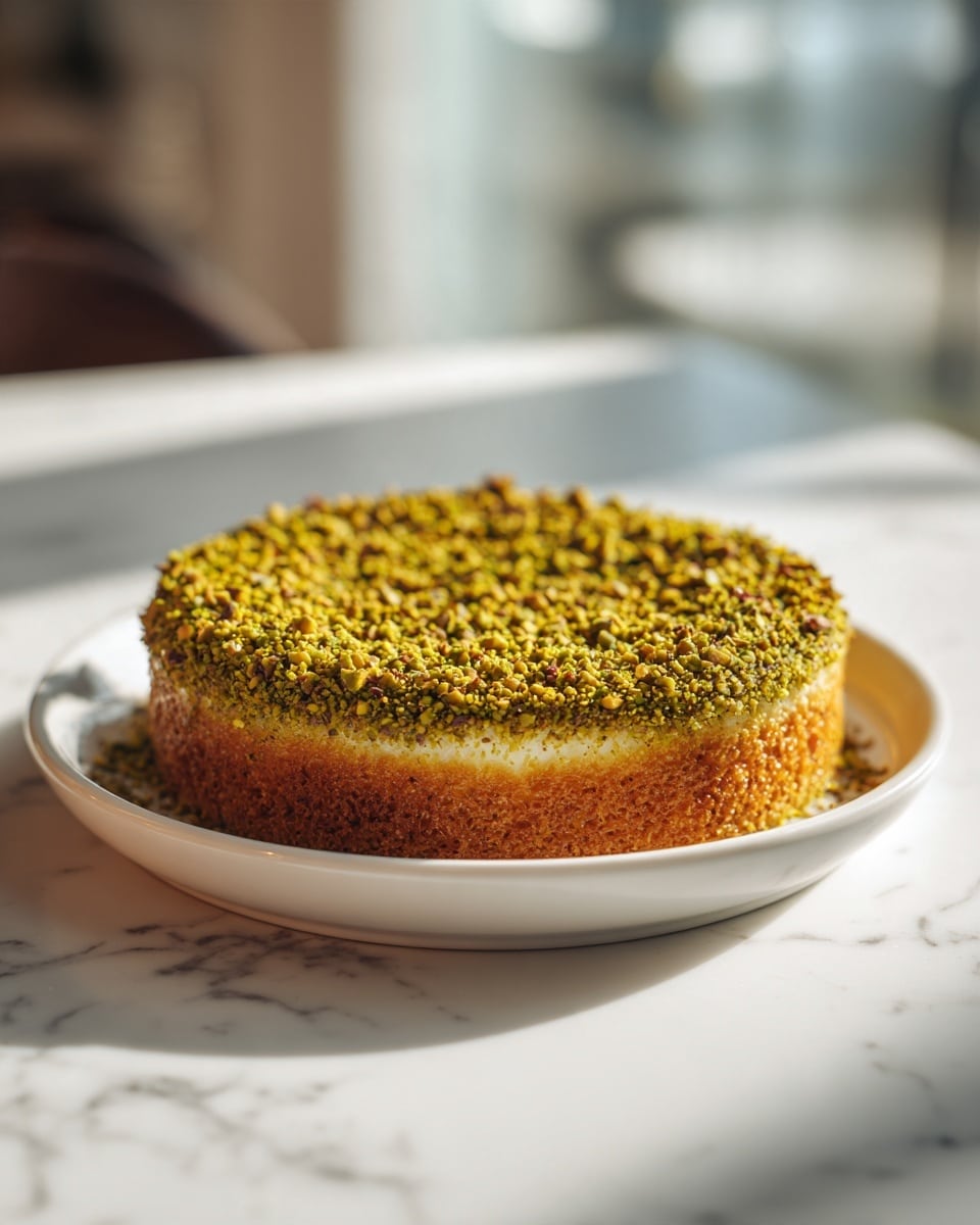 A round, single-layer dessert sits on a white plate with a crispy, golden-brown texture covering the entire top and sides. The top center is sprinkled evenly with chopped green pistachios, adding a rough, crunchy contrast to the smooth, shiny golden layer beneath. The sides show a mix of caramelized strands that give a delicate, lacy appearance. The background is a white marbled surface with a blurred kitchen window and some decor items in soft focus. photo taken with an iphone --ar 4:5 --v 7