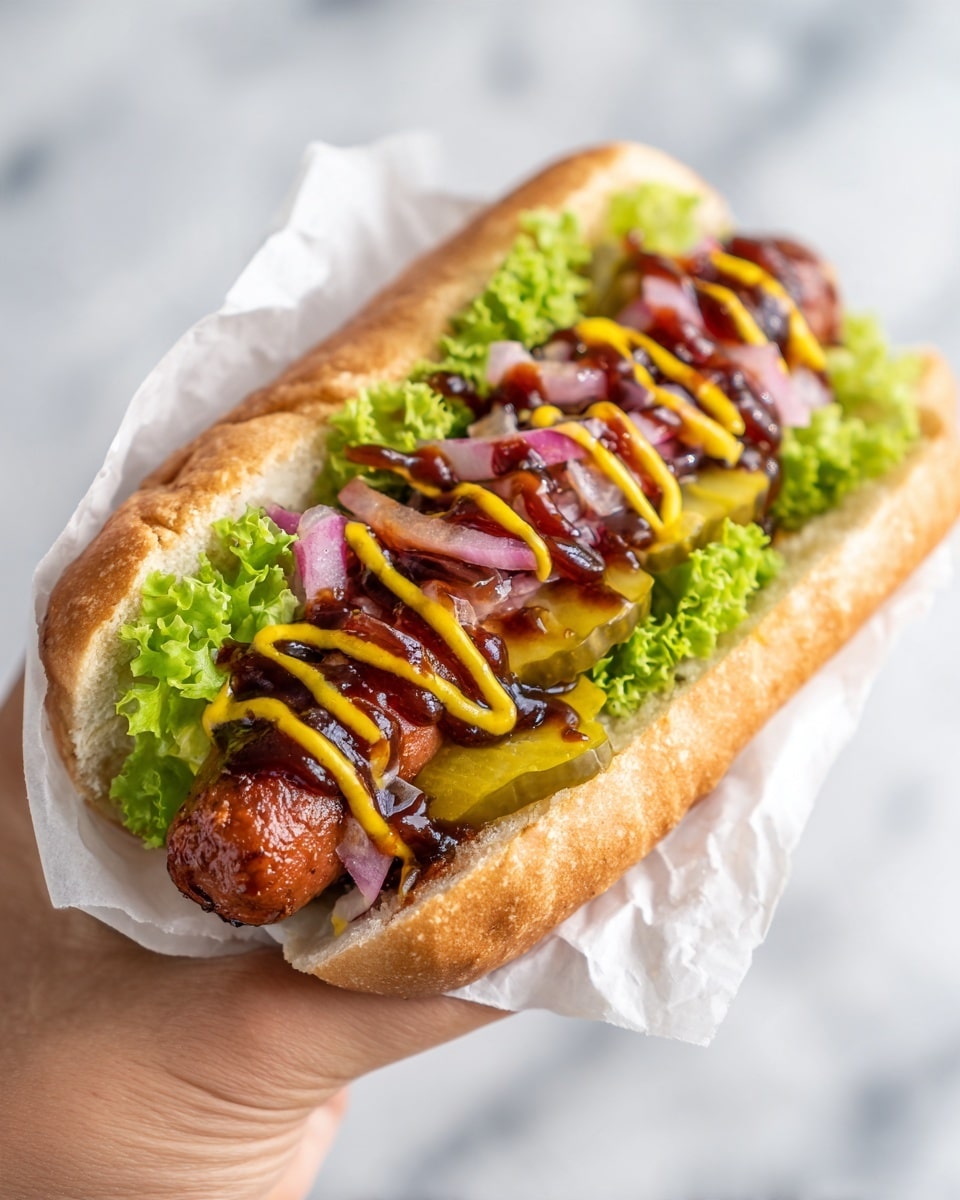 A long hot dog inside a soft, light brown bun held by a woman's hand wrapped partially in white paper; the sandwich shows a base layer of bright green curly lettuce at the bottom, topped with a juicy grilled sausage in a rich reddish-brown color, followed by thin slices of red onions and bits of pale green pickles, all drizzled with alternating squiggles of dark brown barbecue sauce and bright yellow mustard on top, against a white marbled background. photo taken with an iphone --ar 4:5 --v 7