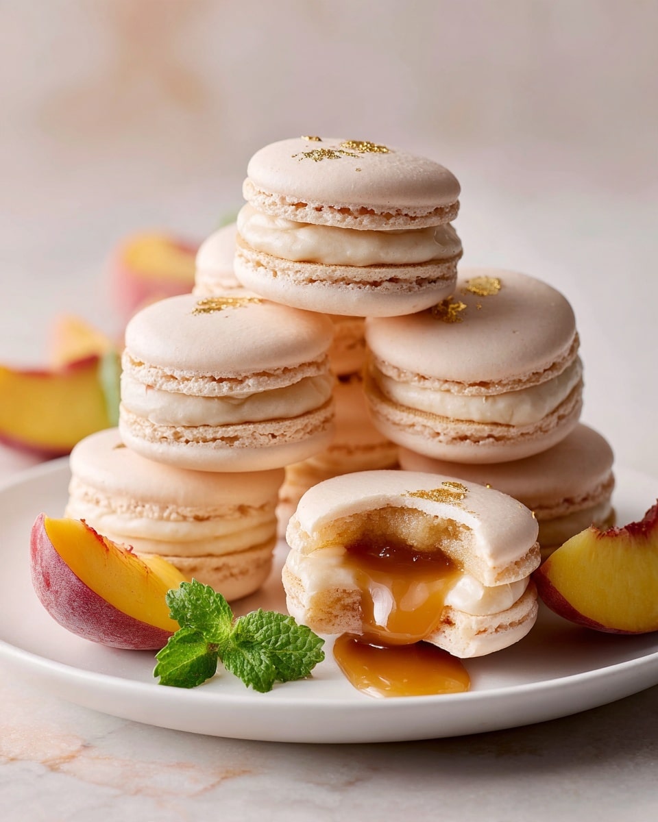 A white round plate sits on a white marbled surface, holding six light peach-colored macarons. Each macaron has two smooth, slightly shiny shells with a ruffled edge, sandwiching a thick layer of creamy, pale beige filling. One macaron in the front is bitten into, revealing a soft, gooey caramel center flowing out. Around the macarons, there are fresh peach slices with a reddish-orange peel and soft yellow flesh, plus a few green mint leaves adding a touch of color contrast. Small gold flakes decorate the macarons, adding a delicate shine. Photo taken with an iphone --ar 4:5 --v 7