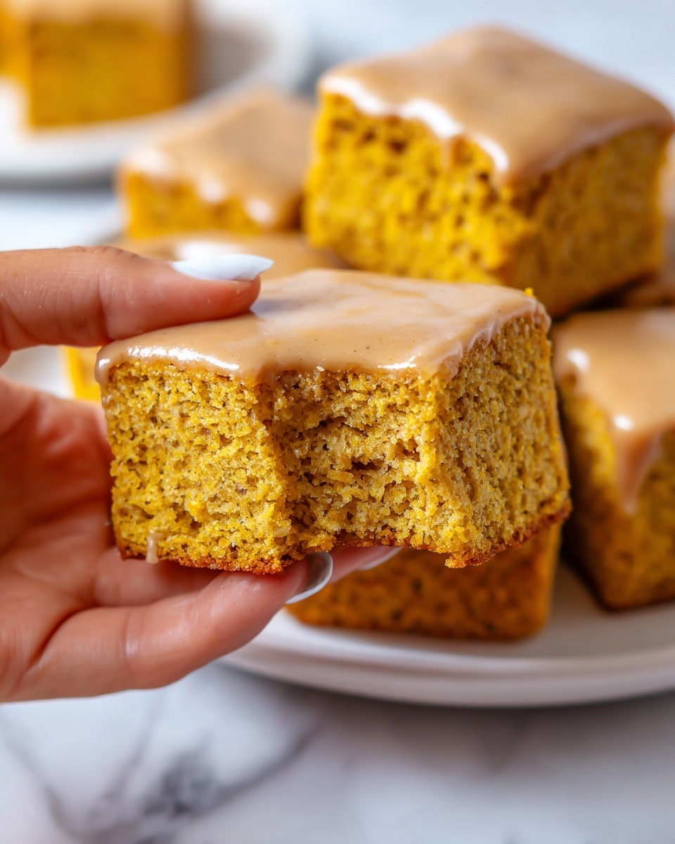 A close-up of a golden yellow pumpkin protein cornbread piece with a bite taken out, showing its soft and moist inside texture mixed with some darker cinnamon spots. It has a smooth, thin layer of light brown sugar-free cinnamon icing on top. A woman's hand gently holds the cornbread from the bottom and side. In the background, more squares of the same cornbread with icing can be seen on a white plate set on a white marbled surface. photo taken with an iphone --ar 4:5 --v 7