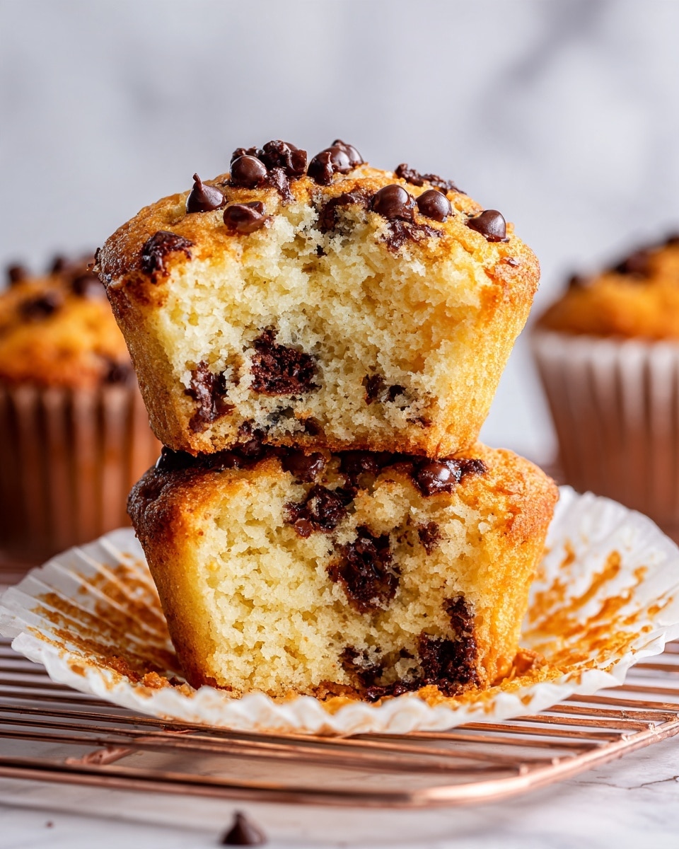 A close-up view of a freshly baked chocolate chip muffin cut into two pieces, sitting inside a crinkled white paper liner on a white marbled surface. The muffin has a light golden-brown color with a soft, crumbly texture, densely packed with shiny dark chocolate chips throughout both pieces. The top and sides have a slightly rough texture with extra chocolate chips scattered on top, creating a rich and inviting look. The photo taken with an iphone --ar 4:5 --v 7