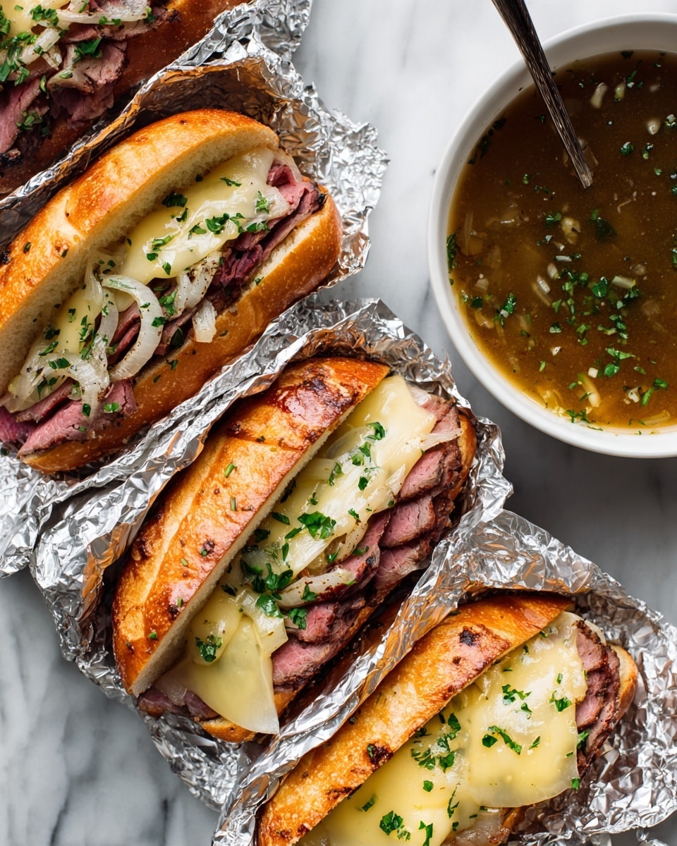 The image shows four sandwiches wrapped partly in shiny aluminum foil, each sandwich open to display the filling. The sandwiches have a white bun base, layered with thick slices of pink roast beef with dark edges, topped with cooked translucent onions, and covered with melted white cheese sprinkled with small green herb leaves. On the right side of the image, there is a white bowl filled with a brown broth that has small green herb pieces floating, and a spoon resting inside. The background surface features a white marbled texture. photo taken with an iphone --ar 4:5 --v 7