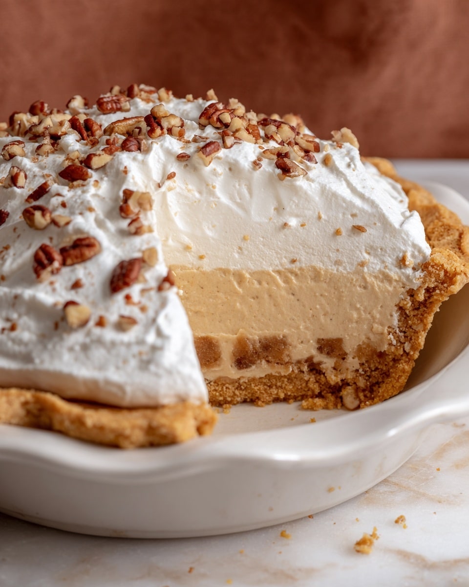 The image shows a pie in a white pie dish with a crimped golden-brown crust. The first layer inside the pie is a creamy light beige filling that looks smooth and thick. On top of that, there is a thick layer of white whipped cream spread evenly with soft peaks. Scattered over the whipped cream are small pieces of chopped brown nuts, adding a crunchy texture. The pie sits on a white marbled surface with a soft brown blurred background. photo taken with an iphone --ar 4:5 --v 7