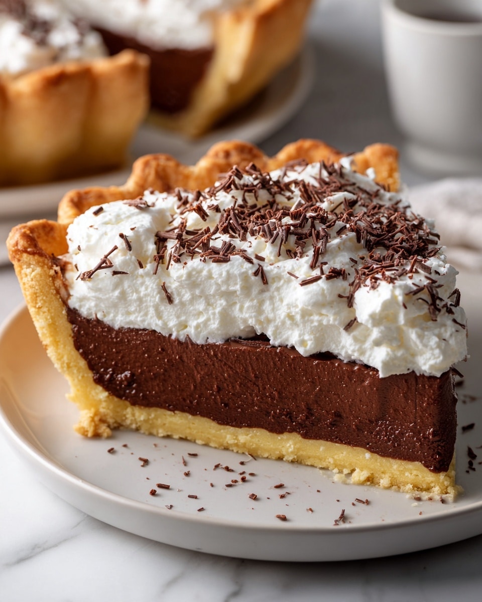 The image shows a pie with three main visible layers sitting on a white plate placed on a white marbled surface. The bottom layer is a golden-brown crust with a firm but flaky texture, forming a ruffled edge around the pie. Above the crust is a thick, smooth, dark brown chocolate filling that looks creamy and dense. The top layer is a generous amount of white whipped cream with visible soft peaks, sprinkled with small, thin dark chocolate shavings that add texture and contrast. Photo taken with an iphone --ar 4:5 --v 7