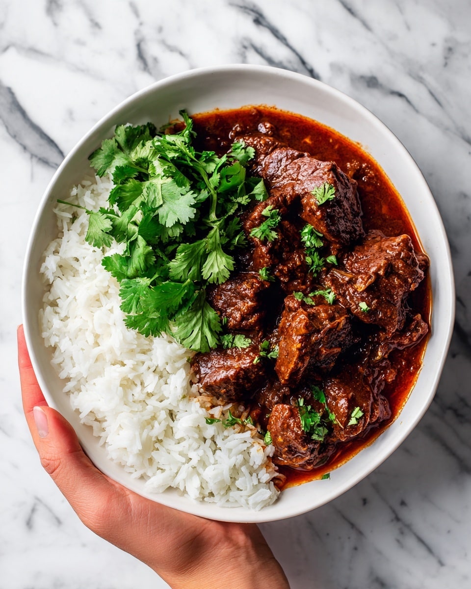 The image shows a bowl of rich beef stew with thick, dark brown chunks of beef and a deep red sauce, all topped with fresh green cilantro leaves. Next to the beef stew, there is a portion of cooked white rice. The bowl is white and placed on a surface with a white marbled texture. A woman's hand, holding the bowl slightly, is visible on one side. photo taken with an iphone --ar 4:5 --v 7